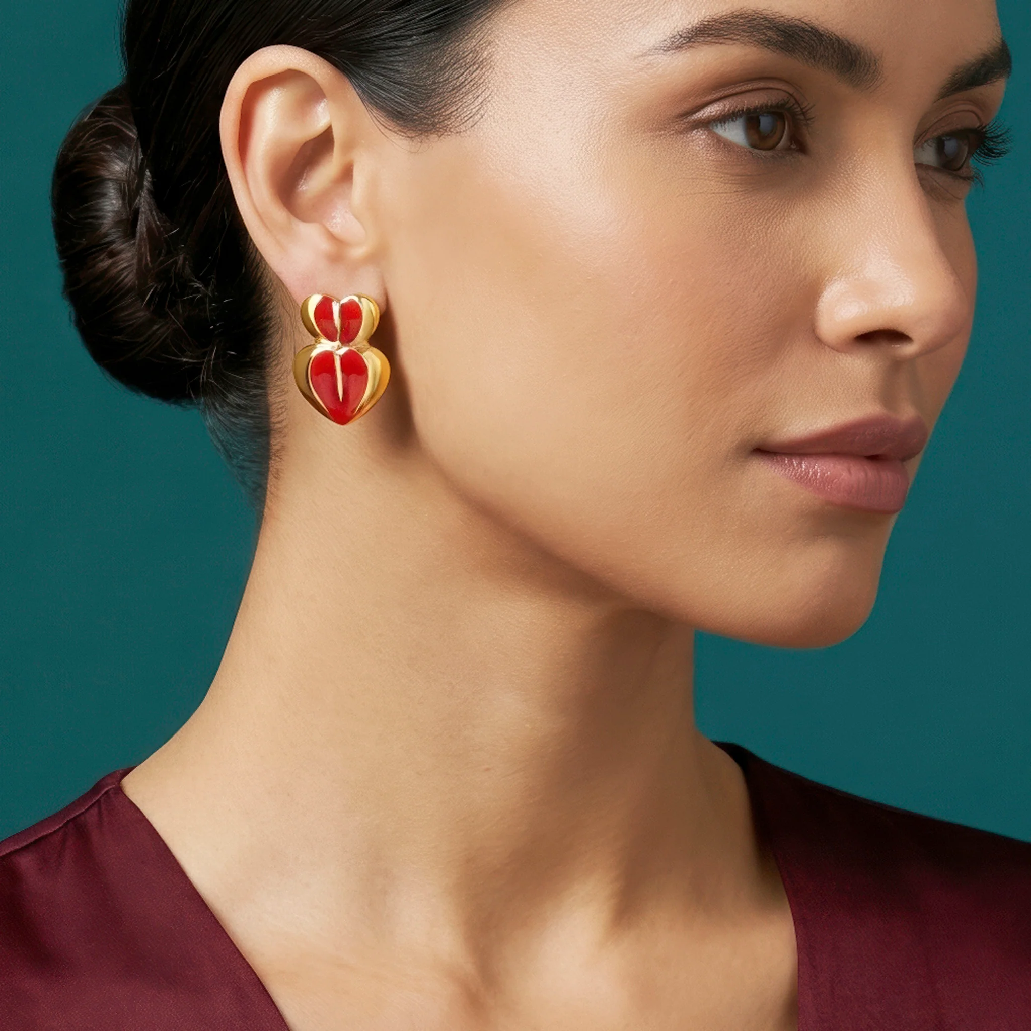 PRAO Earrings Anti-Tarnish Tiered Red Enamel Heart Drop - Image 2