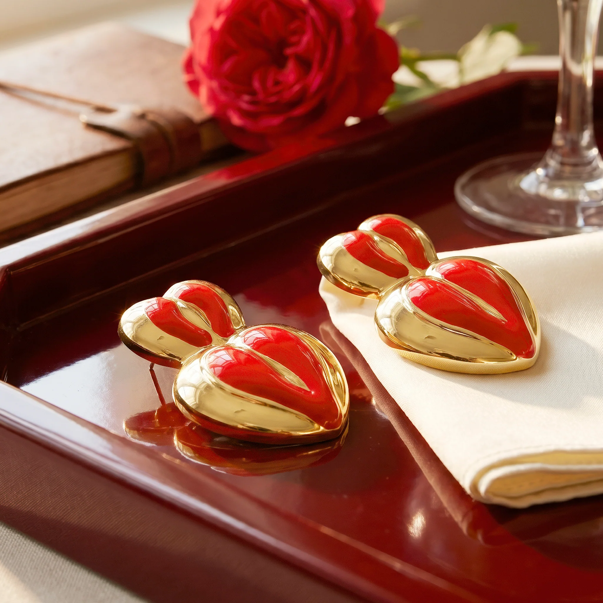 PRAO Earrings Anti-Tarnish Tiered Red Enamel Heart Drop - Image 3