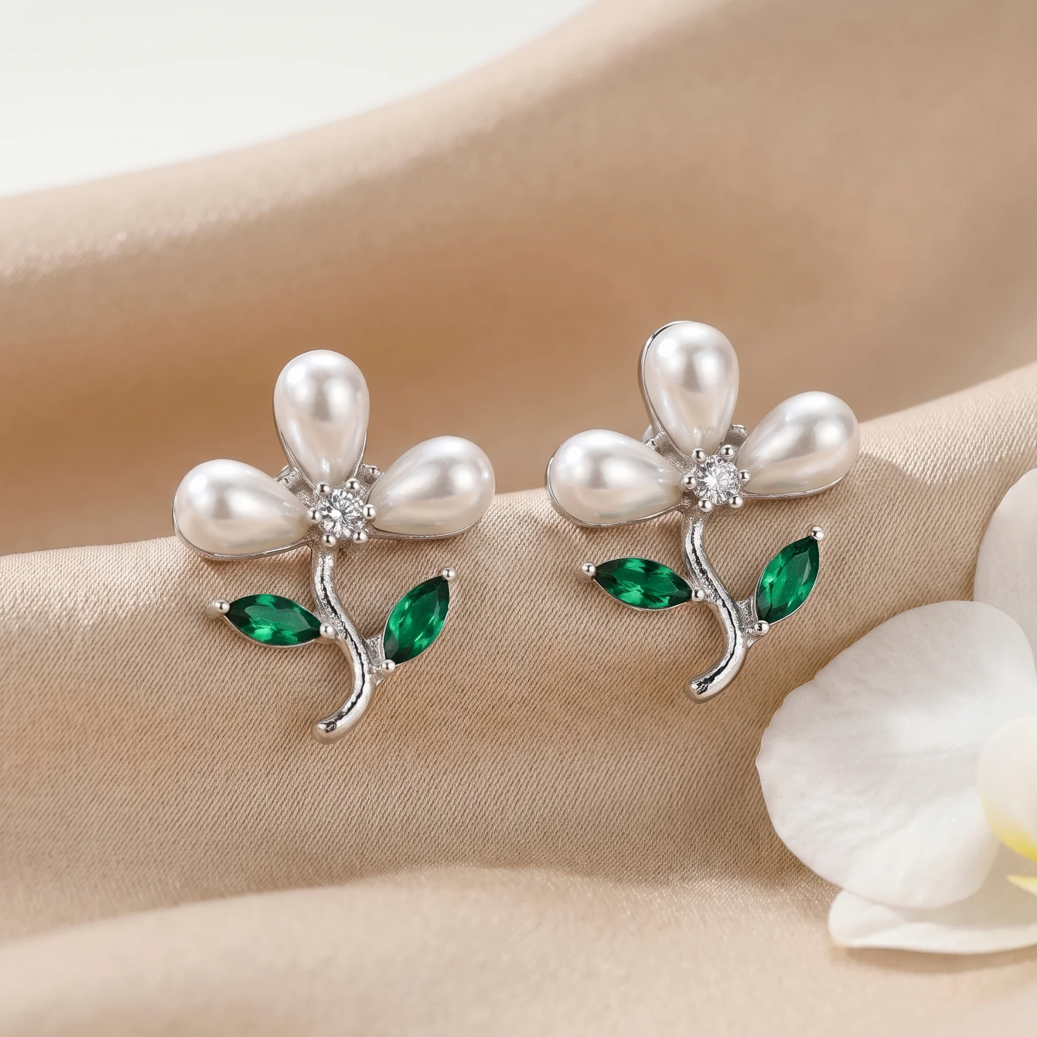PRAO Earrings Anti-Tarnish Floral With Green Crystal Accents - Image 4