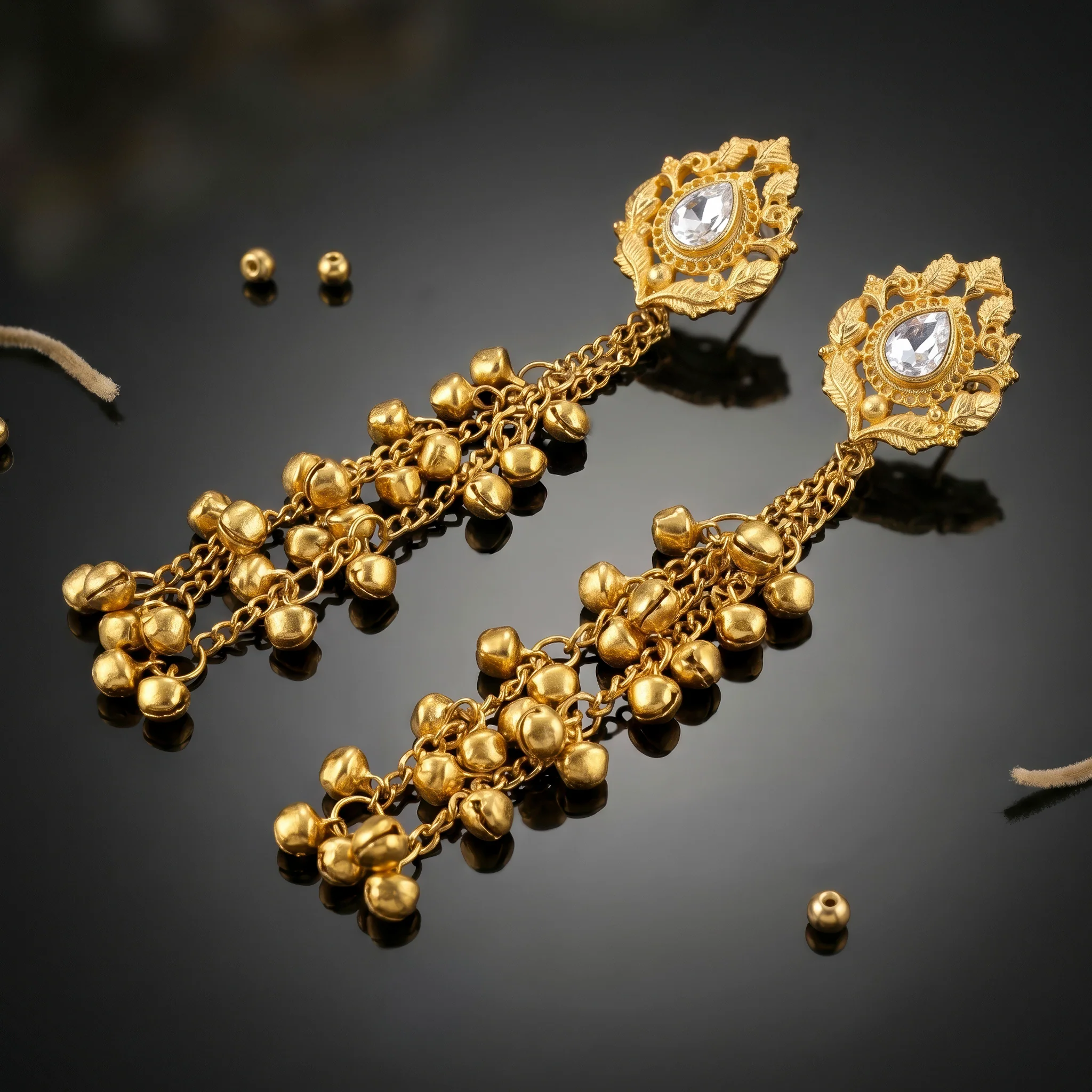 PRAO Earrings Anti-Tarnish Extra-Long Kashmiri Leafy Crystal Tops - Image 4
