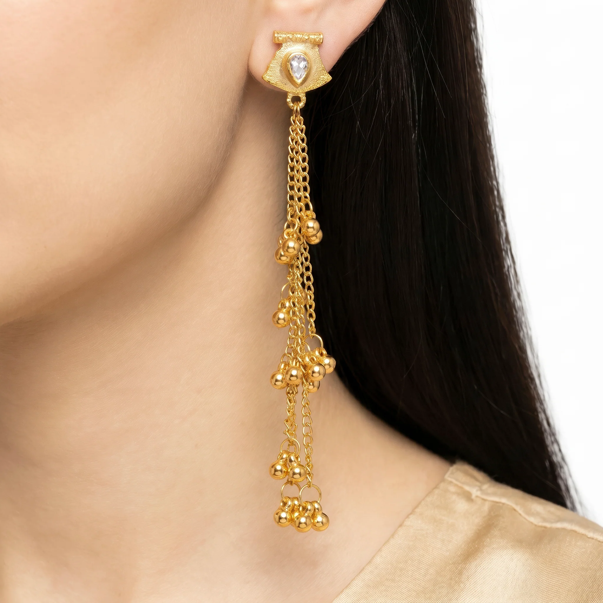PRAO Earrings Anti-Tarnish Extra-Long Kashmiri Teardrop Crystal Tops - Image 2