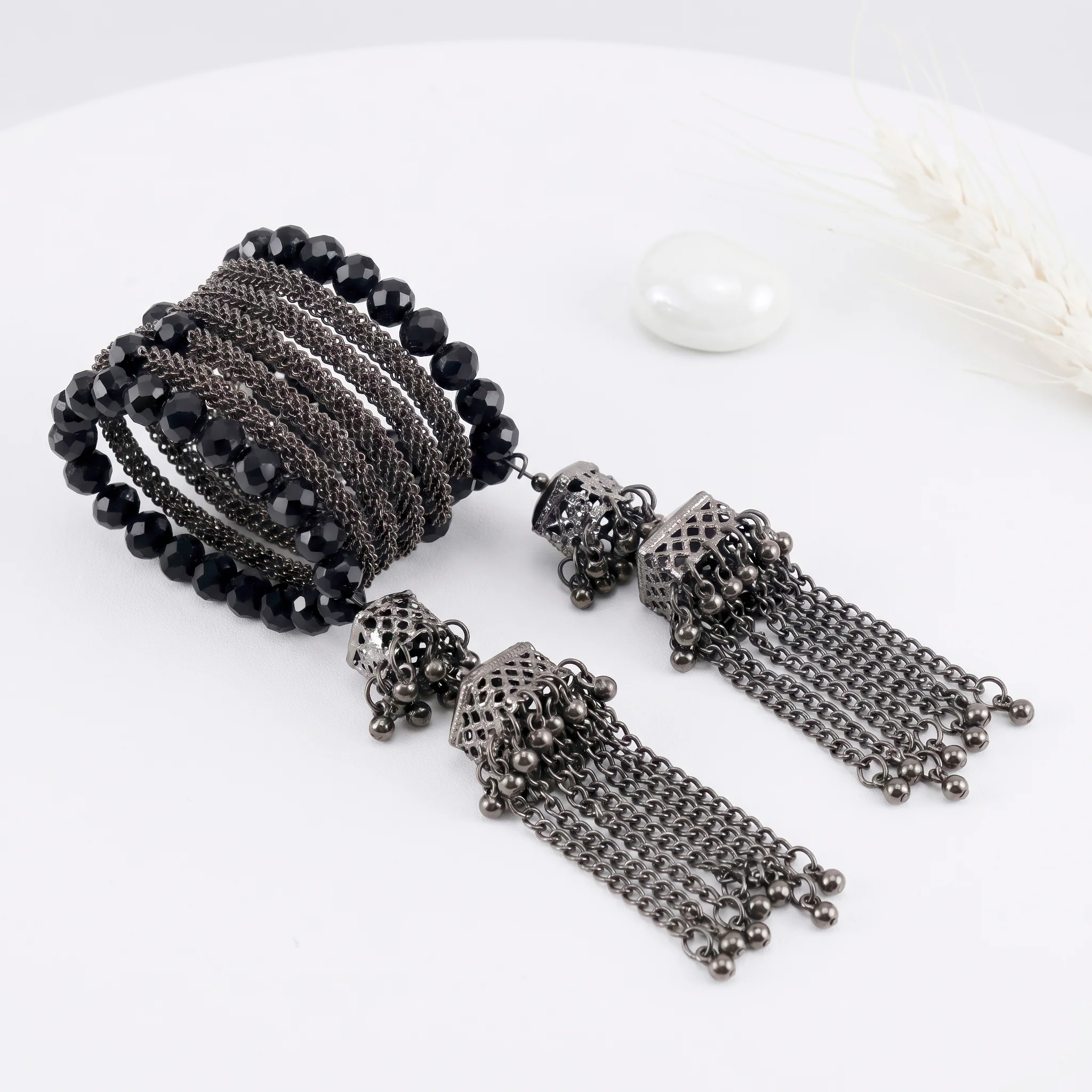 PRAO Bracelet Anti-Tarnish Spiral Black Crystals Tassels (Adjustable Size) - Image 4