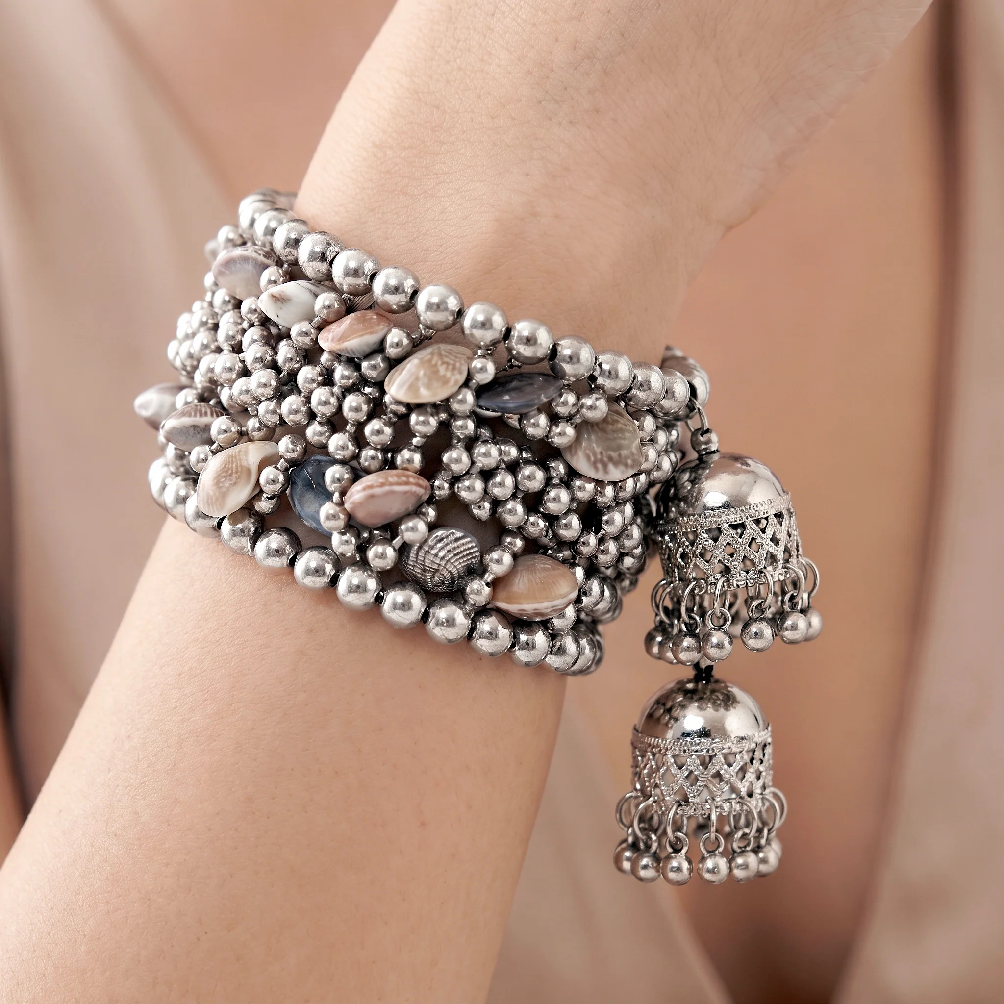 PRAO Bracelet Anti-Tarnish Coastal Silver Seashell Jhumka (Adjustable Size)