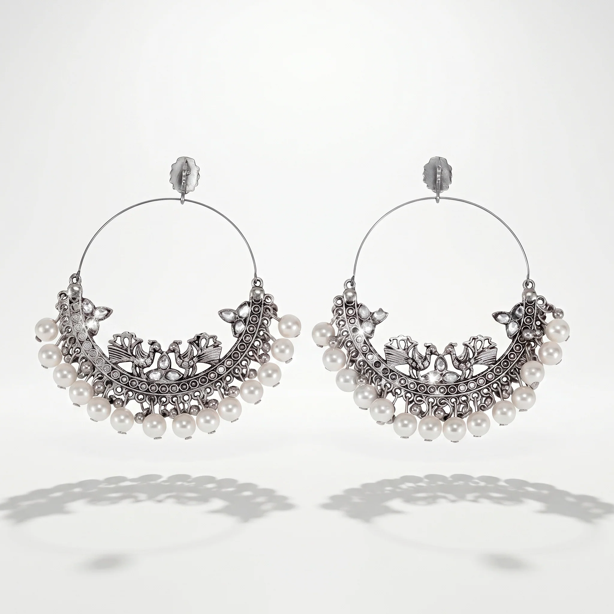 PRAO Earrings Anti-Tarnish Ornate Hoops Crescent Peacock Crystal Pearls - Image 3