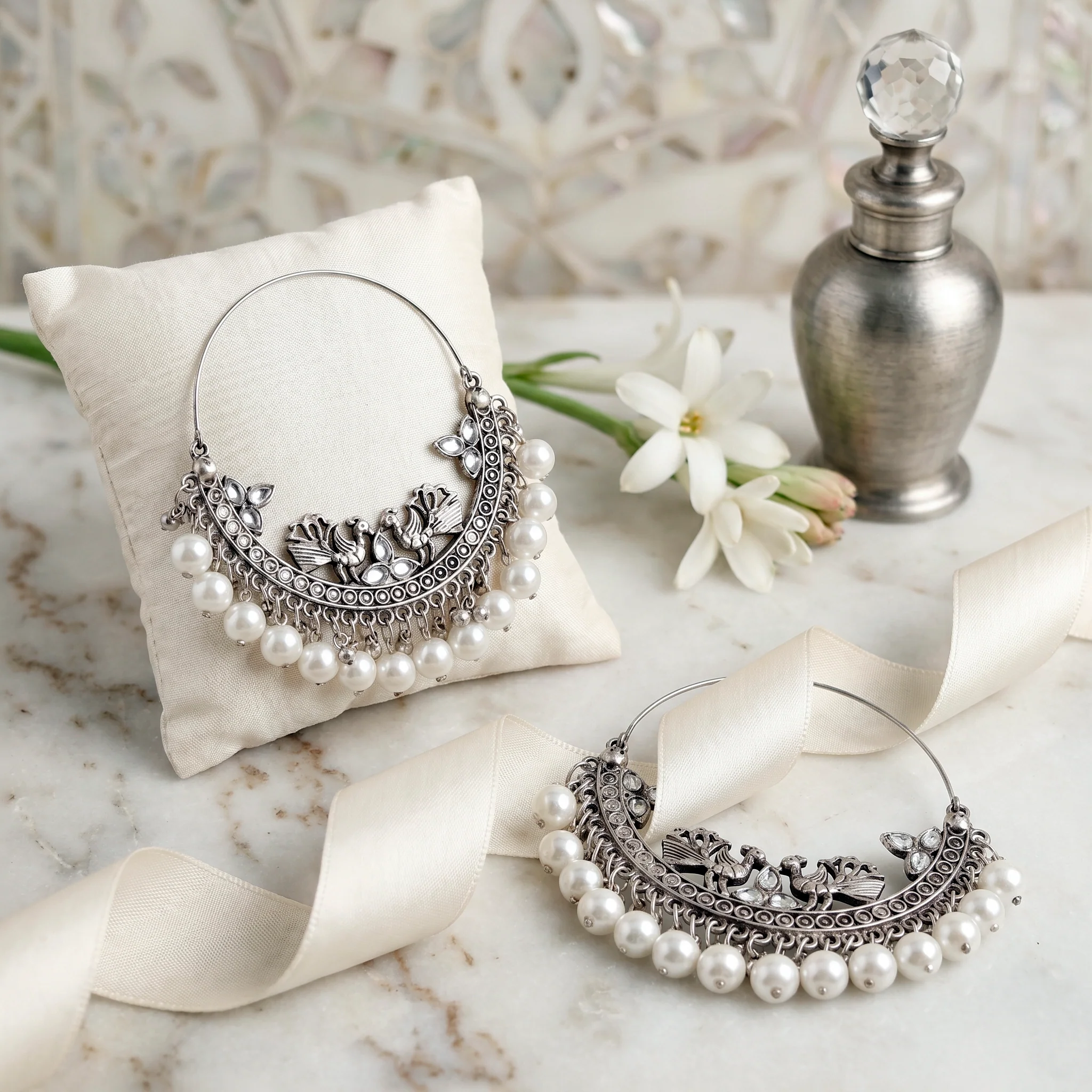PRAO Earrings Anti-Tarnish Ornate Hoops Crescent Peacock Crystal Pearls - Image 4