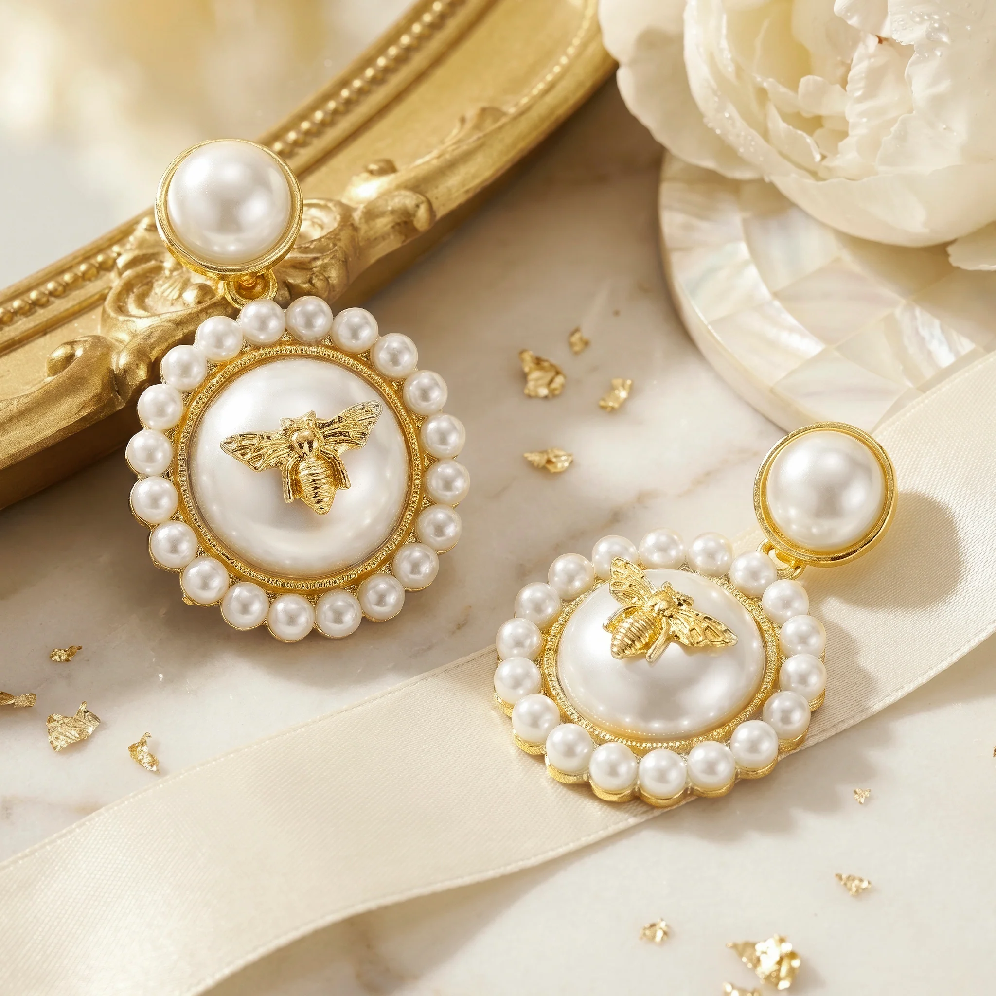 PRAO Earrings Anti-Tarnish Bee Pearl Halo Studs - Image 4