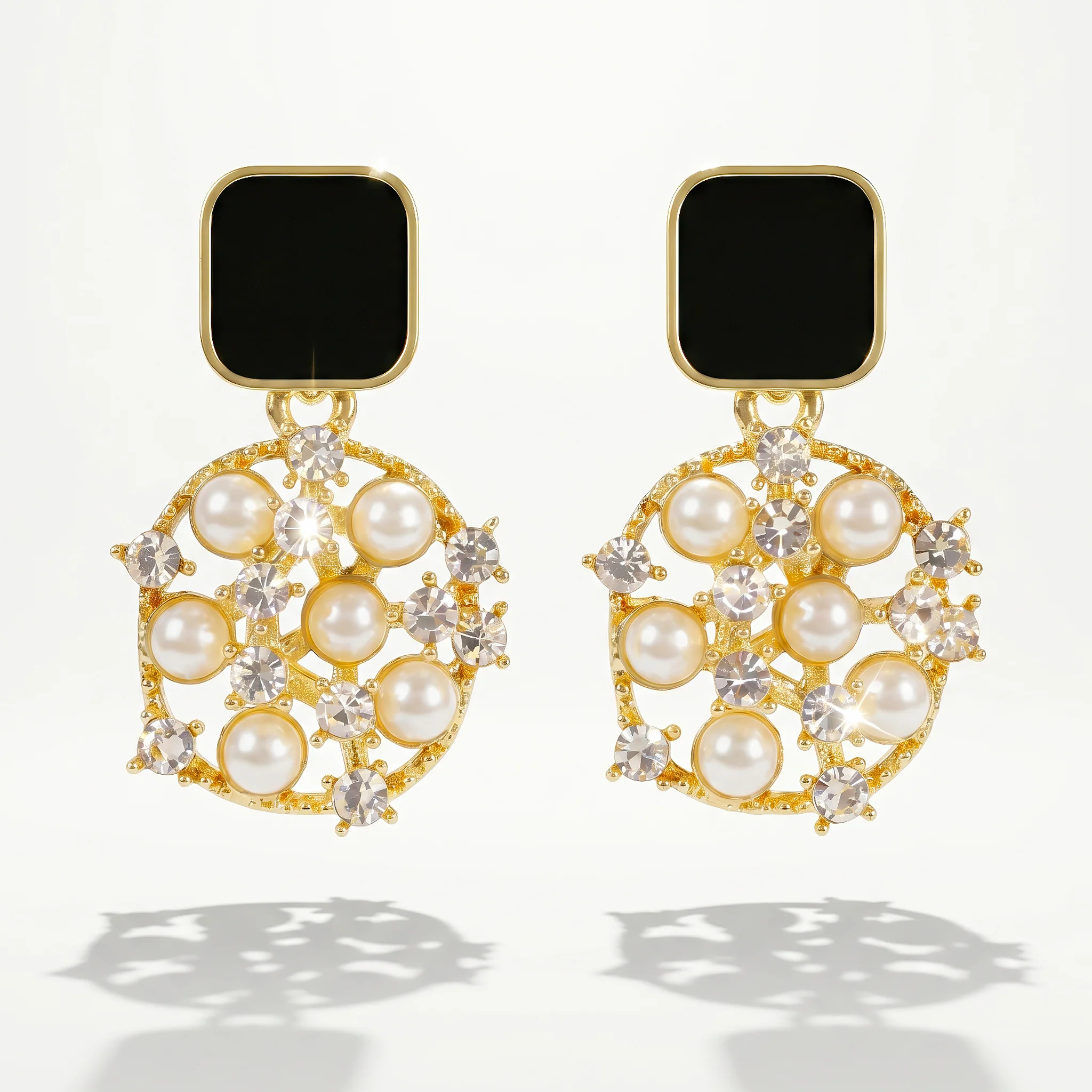 PRAO Earrings Anti-Tarnish Black Enamel Crystal Pearl Drop - Image 3