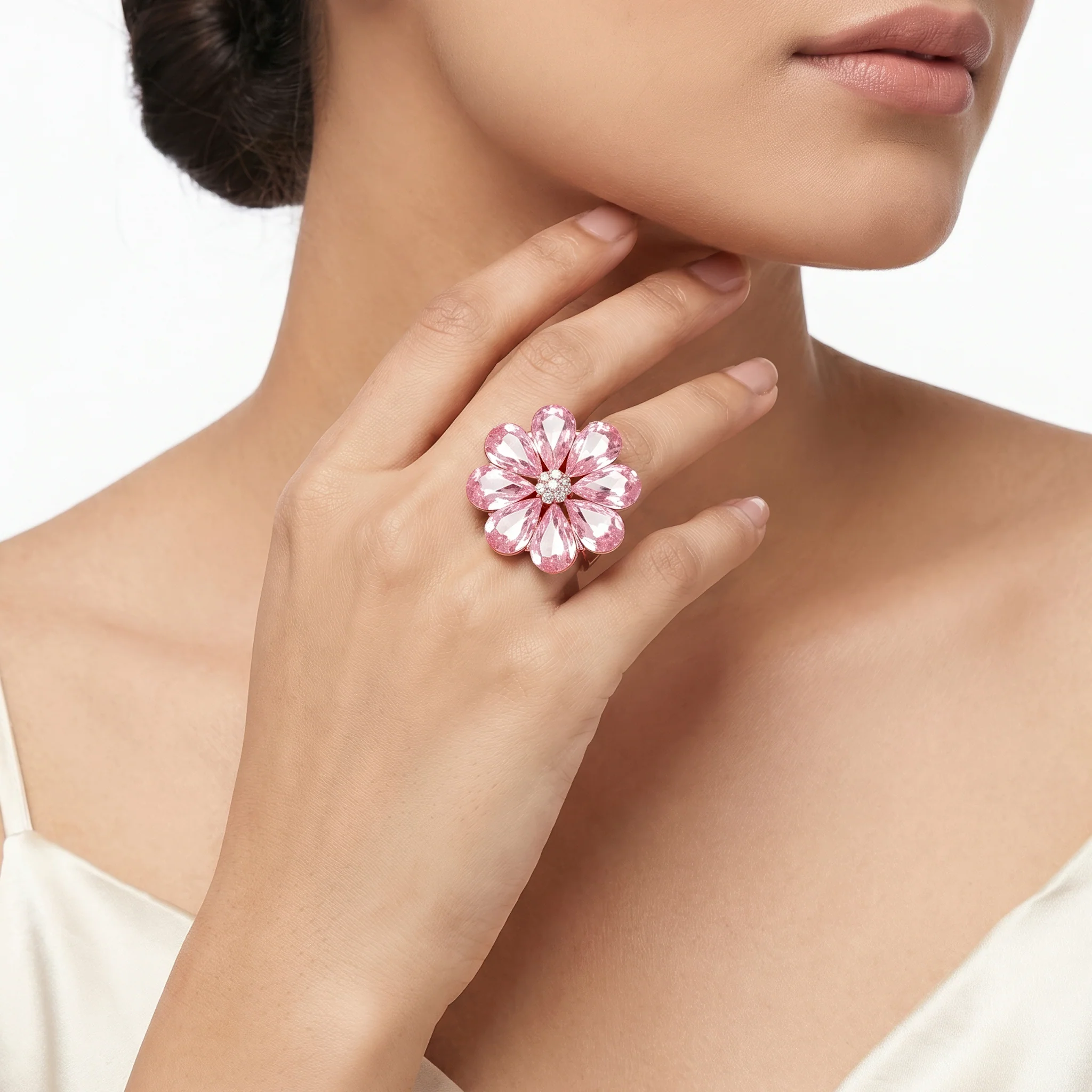 PRAO Ring Anti-Tarnish Pink Floral Crystal (Adjustable Size) - Image 2