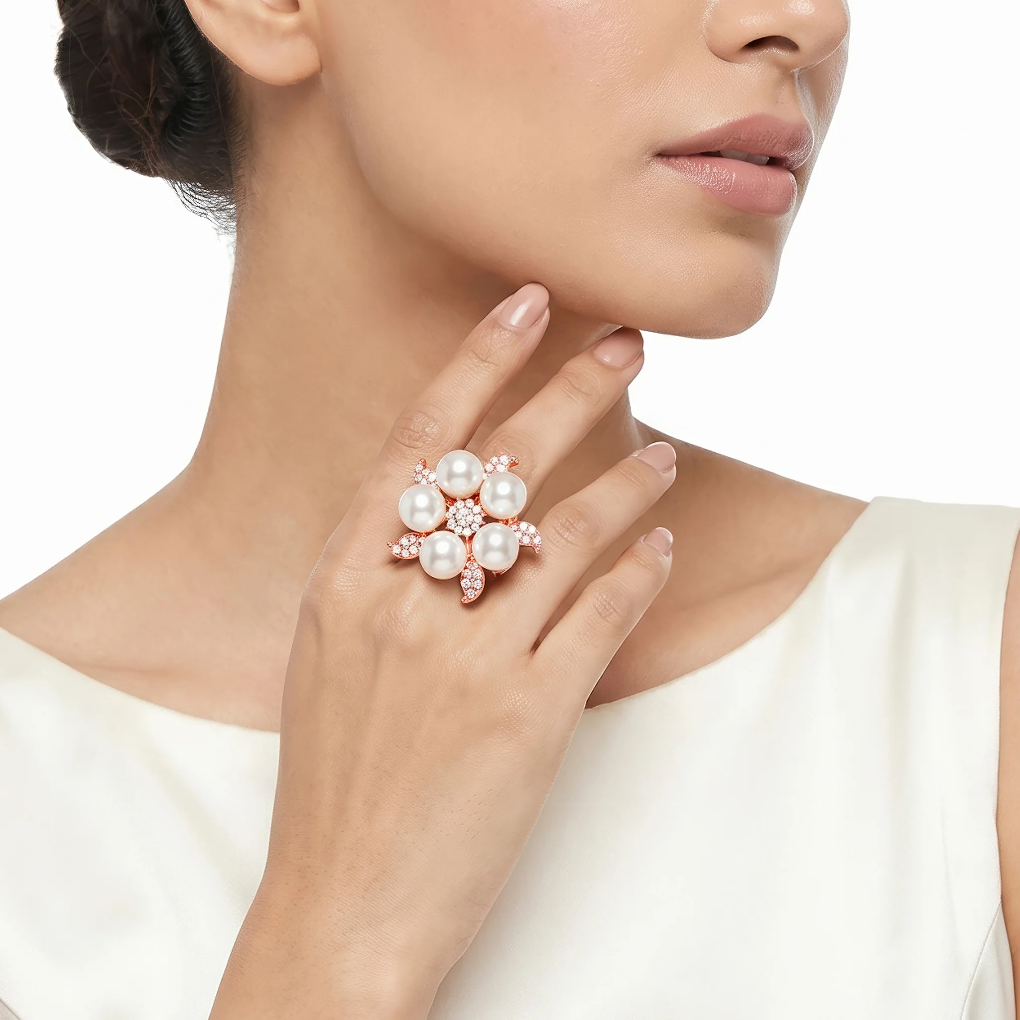 PRAO Ring Anti-Tarnish Pearl Floral Leaf (Adjustable Size) - Image 2