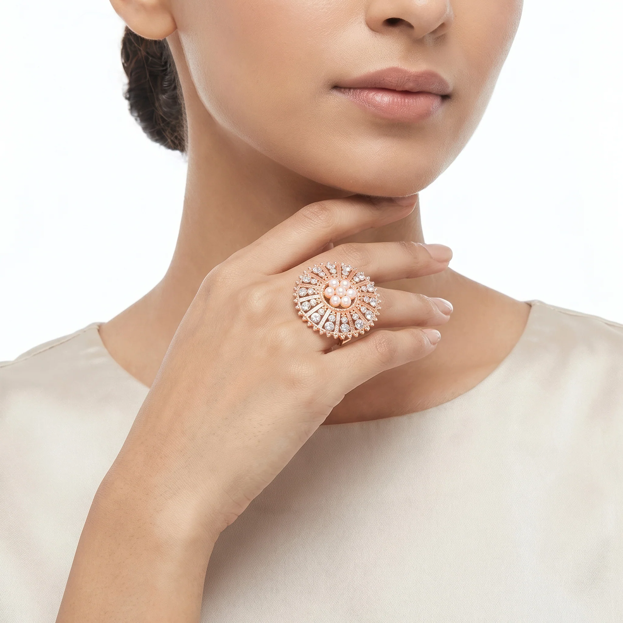 PRAO Ring Anti-Tarnish Pearl Sunburst Floral (Adjustable Size) - Image 2