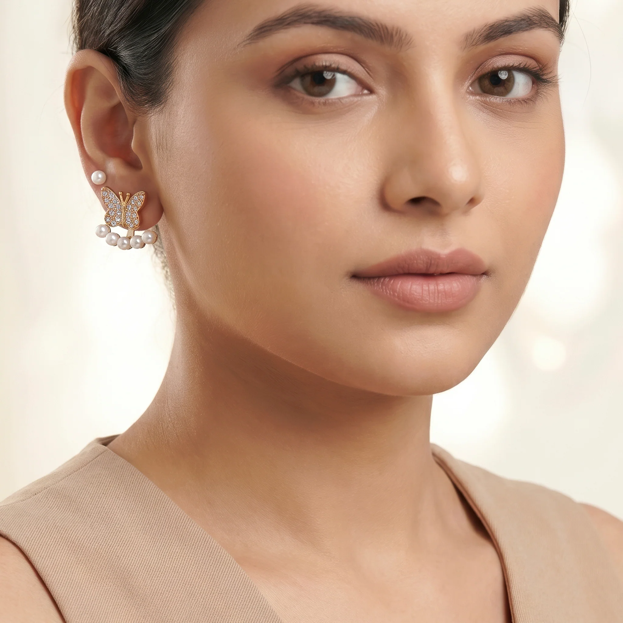 PRAO Earrings Anti-Tarnish Convertible Butterfly Faux Pearl - Image 2