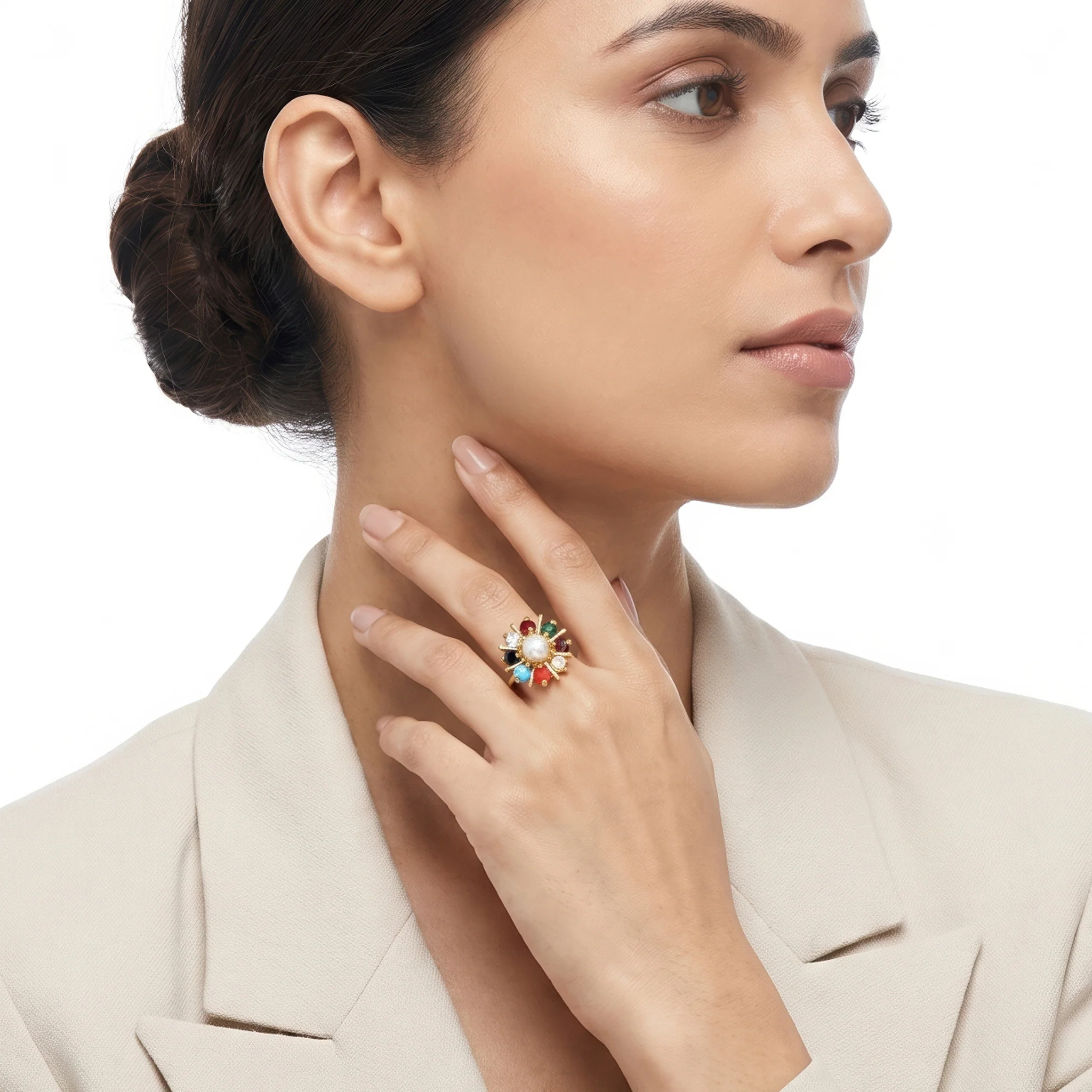 PRAO Ring Anti-Tarnish Multicolor Floral Pearl (Adjustable Size) - Image 2