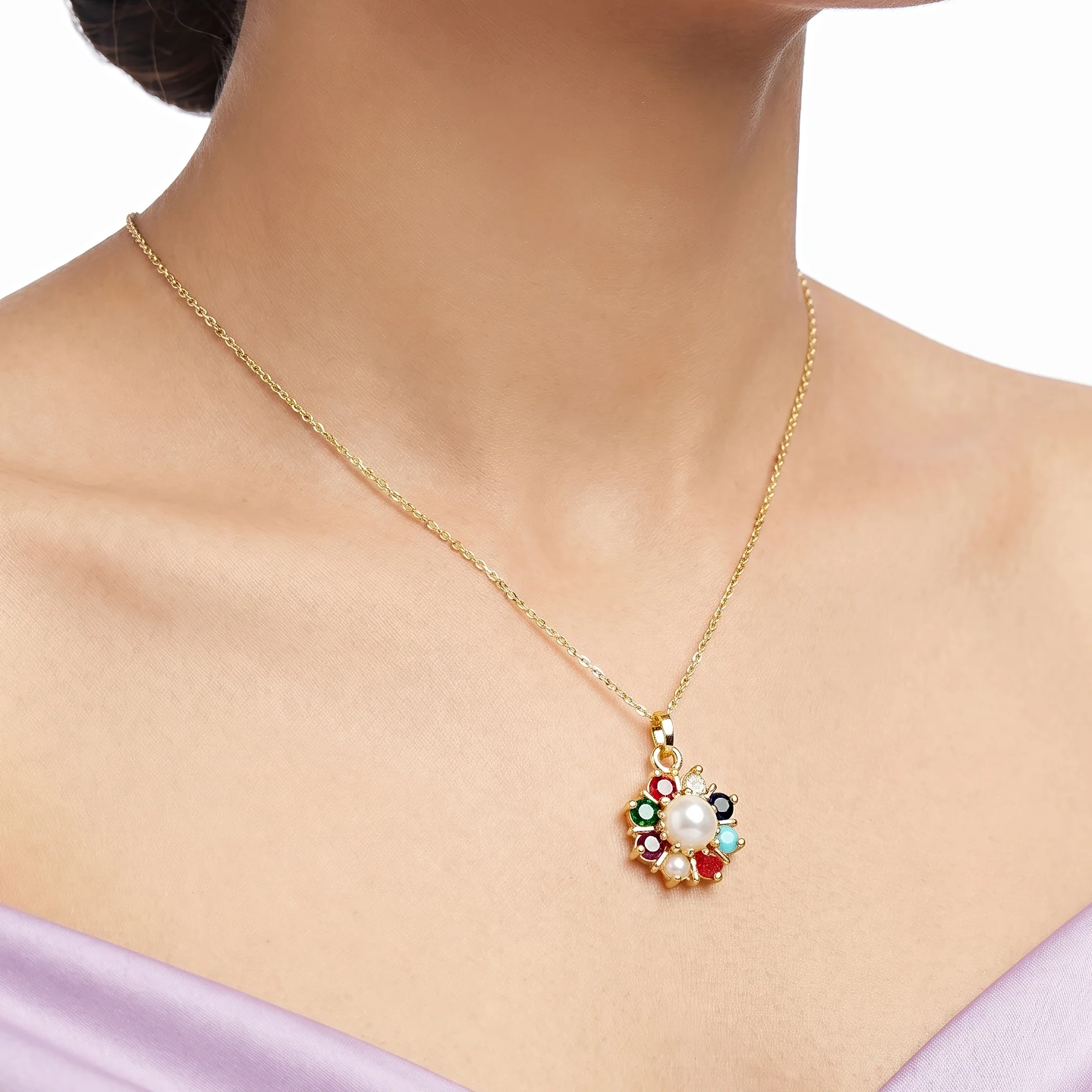 PRAO Necklace Anti-Tarnish Multicolor Floral Pendant Pearl - Image 2