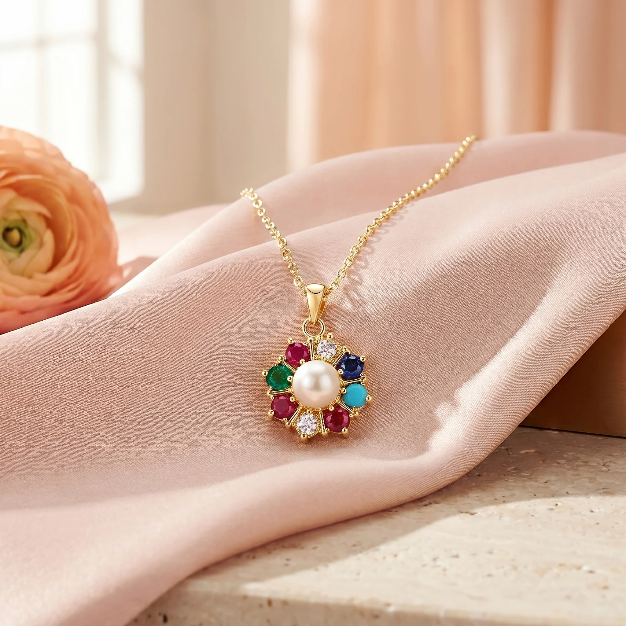 PRAO Necklace Anti-Tarnish Multicolor Floral Pendant Pearl - Image 4