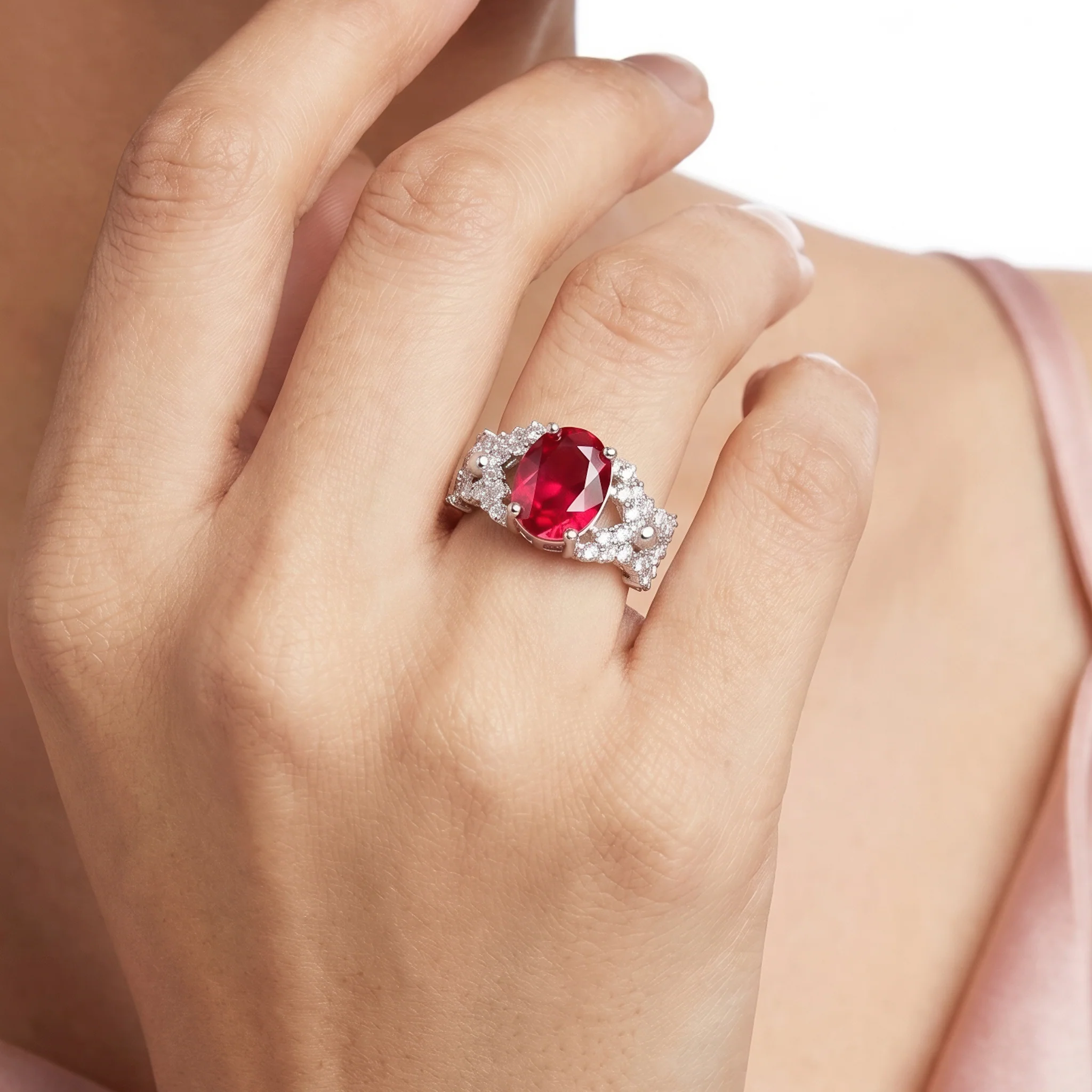 PRAO Ring Anti-Tarnish Ruby Oval Crystal (Adjustable Size) - Image 3