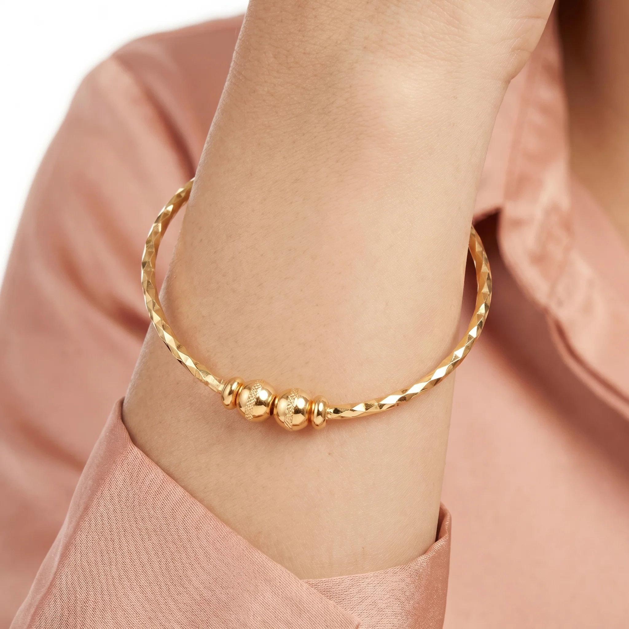 PRAO Bracelet Anti-Tarnish Textured Bangle Two Gold Beads (Adjustable Size) - Image 2