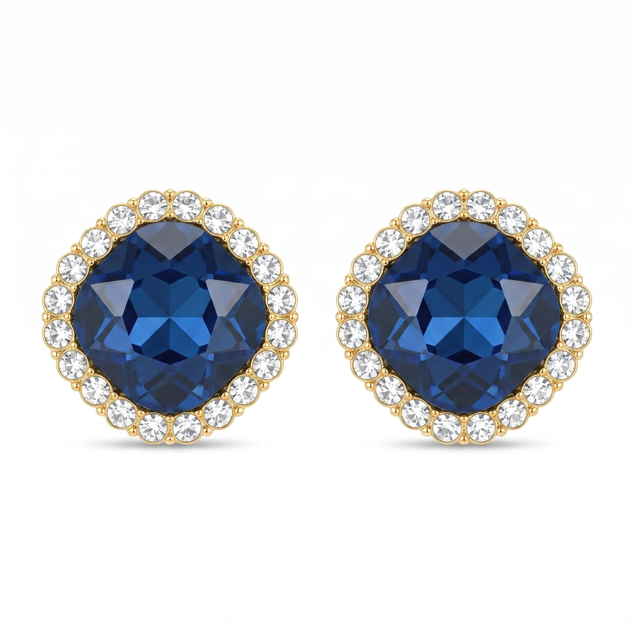 PRAO Earrings Anti-Tarnish Sapphire Cushion Crystal Halo Studs - Image 3
