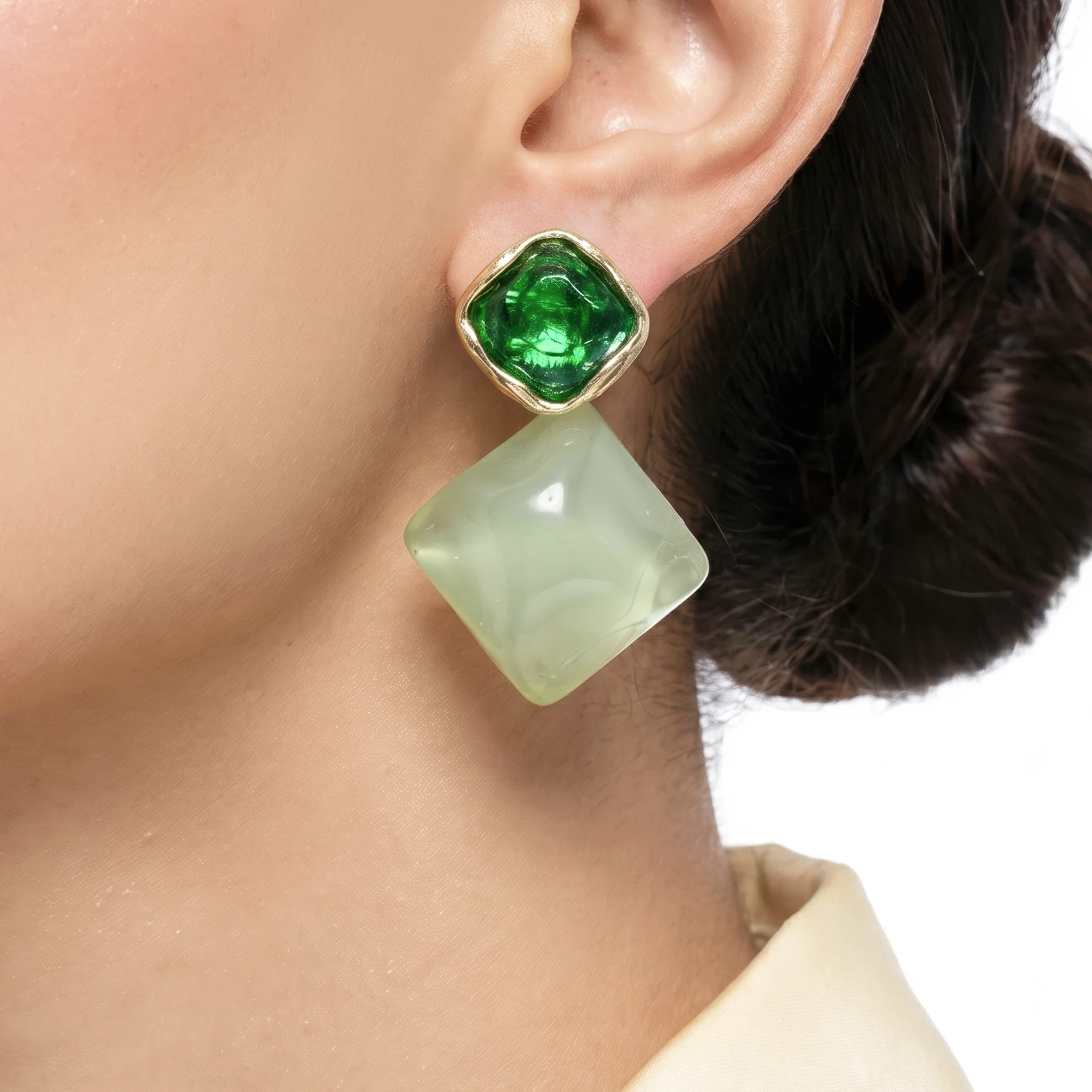 PRAO Earrings Anti-Tarnish Emerald Resin And Mint Geometric Drop - Image 2