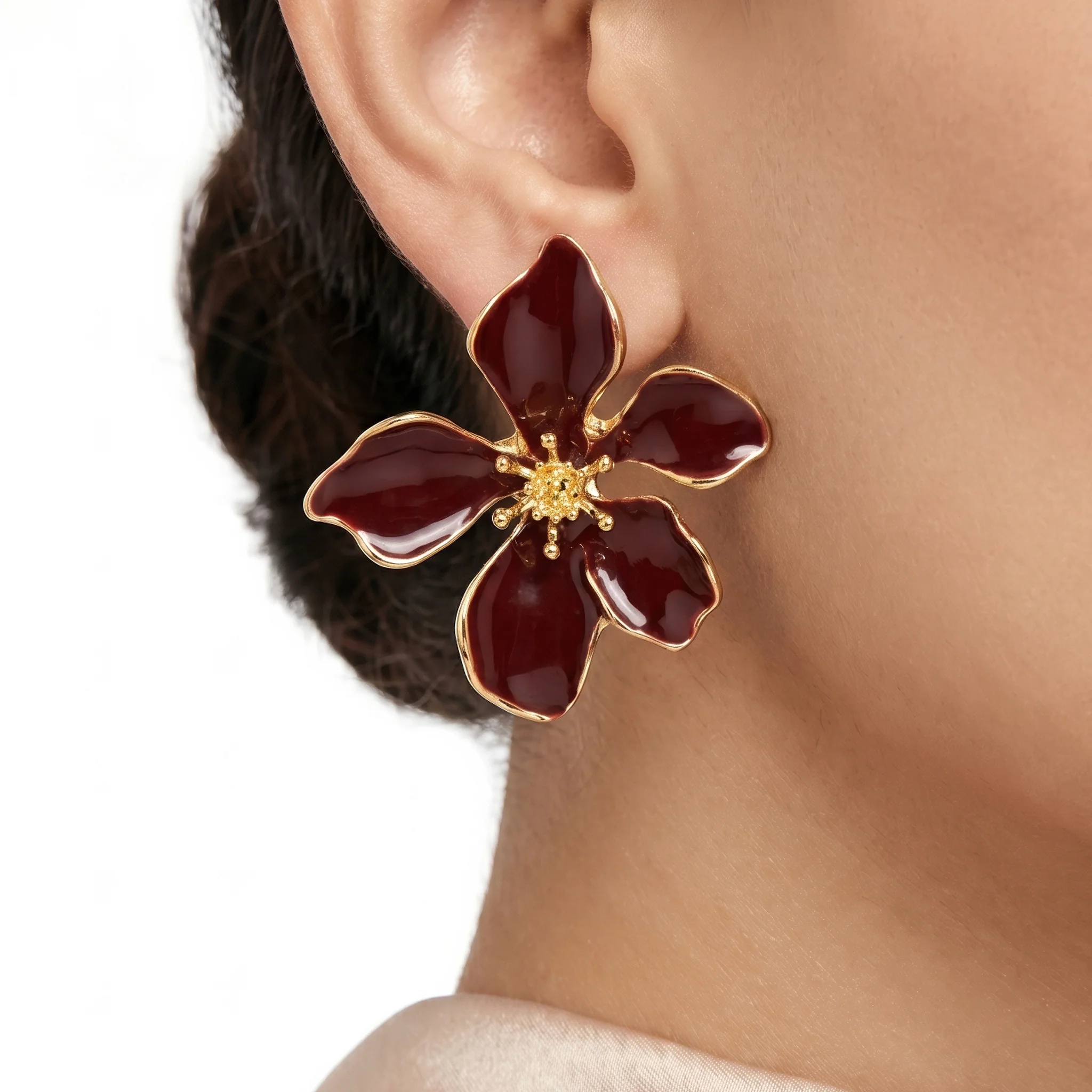 PRAO Earrings Anti-Tarnish Burgundy Floral Statement With Golden Center