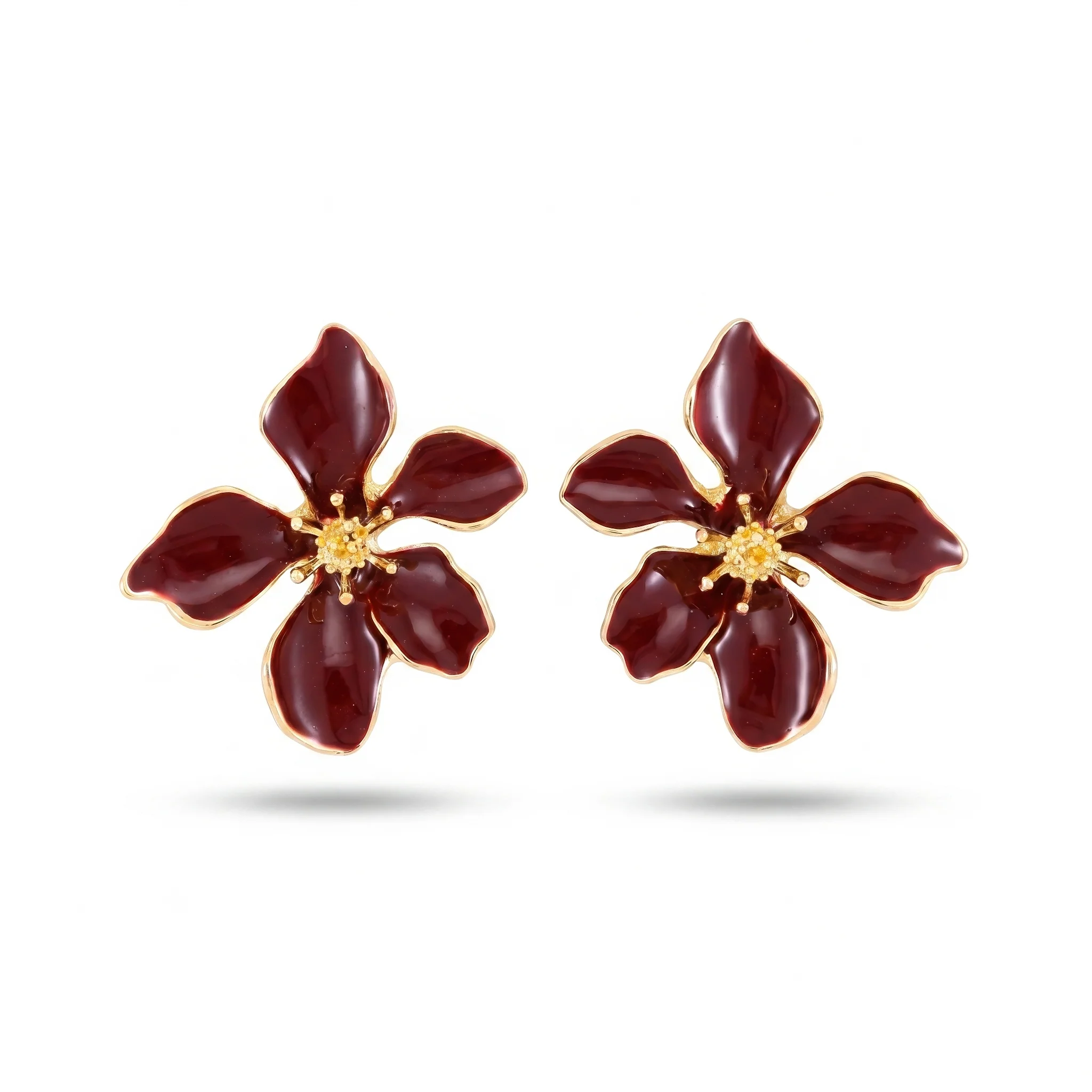 PRAO Earrings Anti-Tarnish Burgundy Floral Statement With Golden Center - Image 3