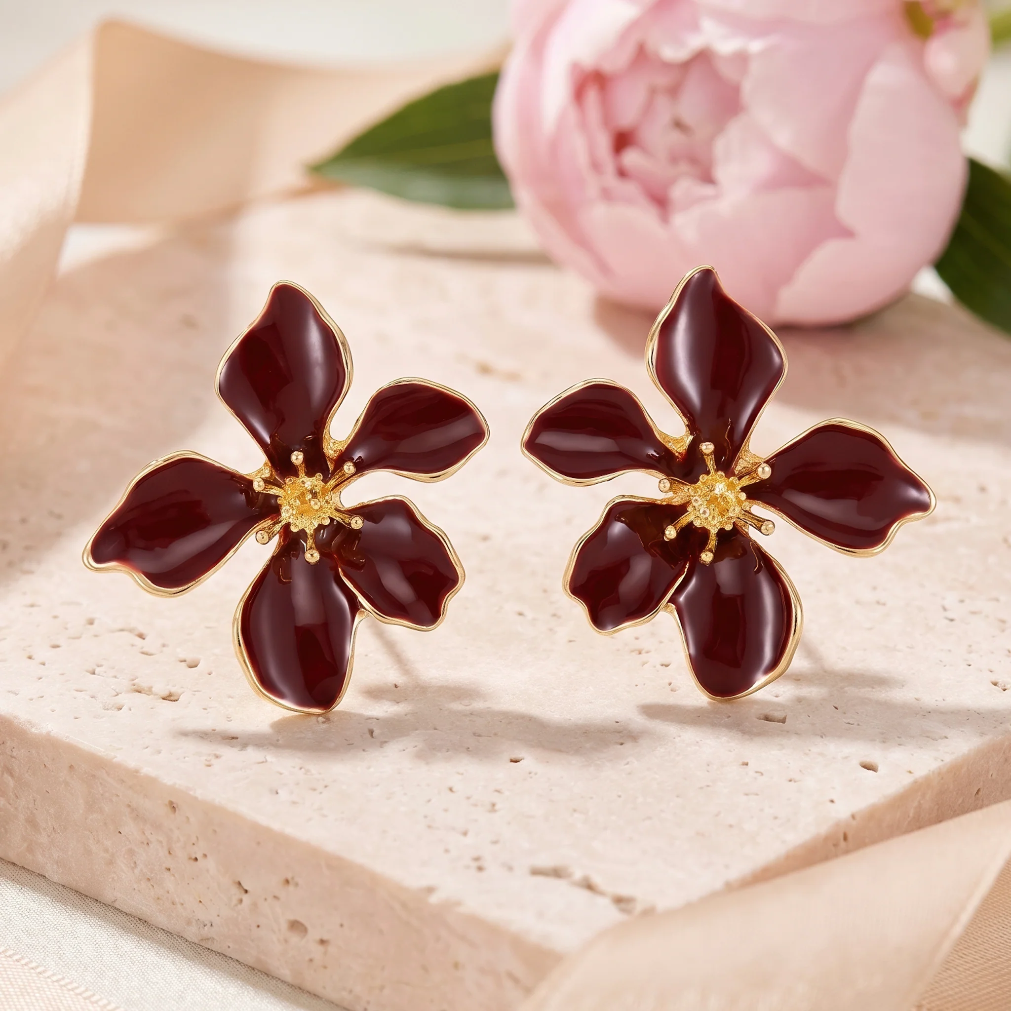 PRAO Earrings Anti-Tarnish Burgundy Floral Statement With Golden Center - Image 4