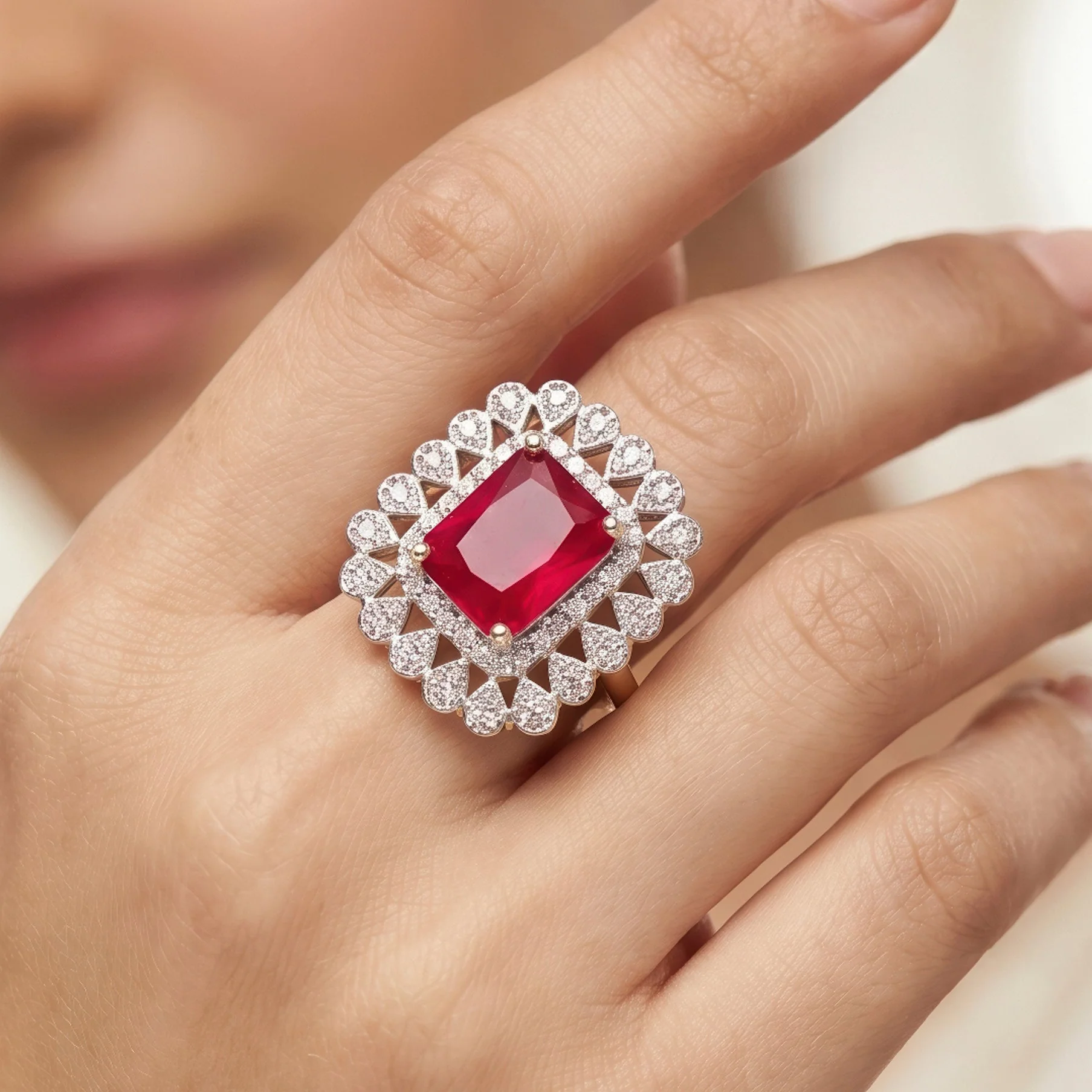 PRAO Ring Anti-Tarnish Ruby Red Stone Studded With Crystals (Adjustable Size)