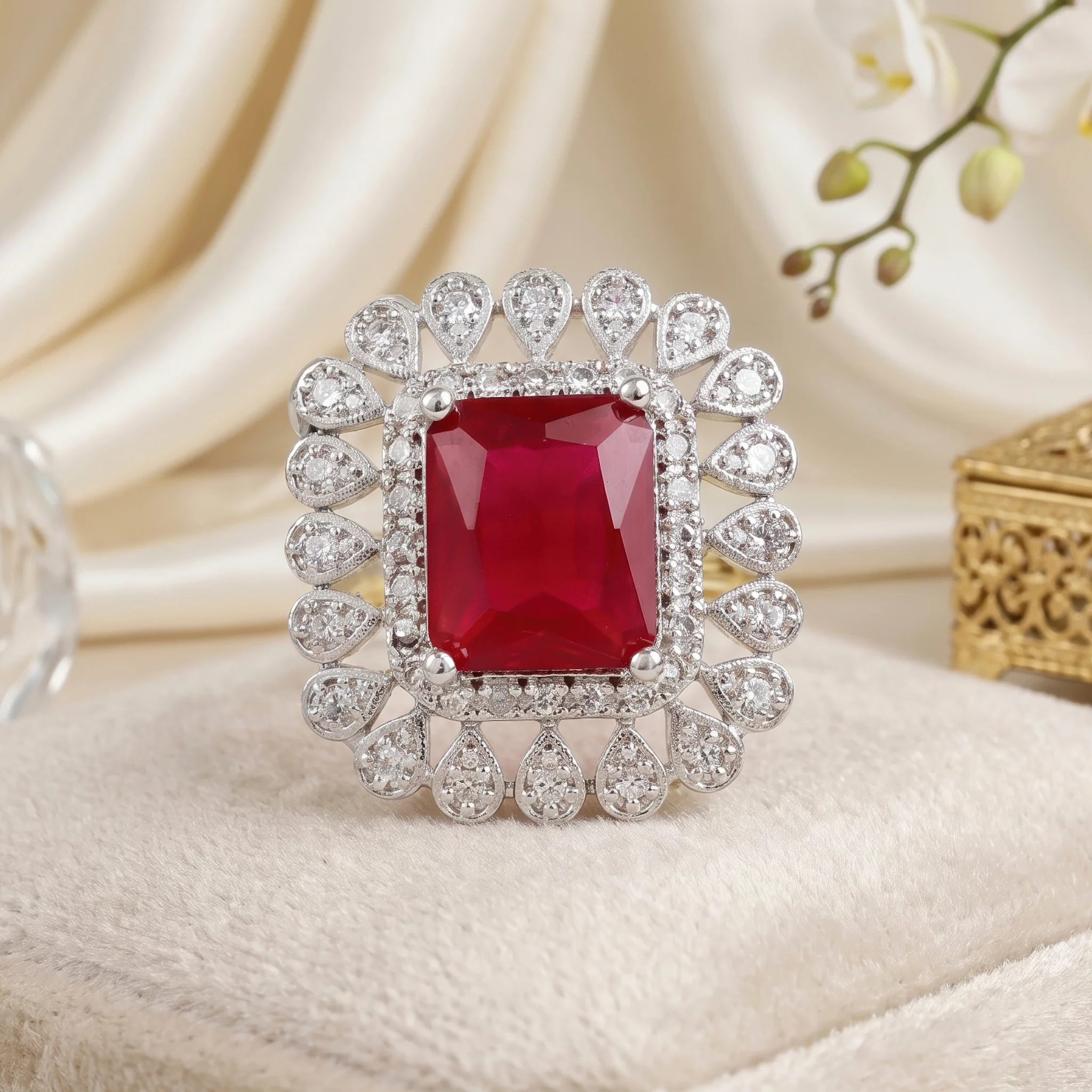PRAO Ring Anti-Tarnish Ruby Red Stone Studded With Crystals (Adjustable Size) - Image 3