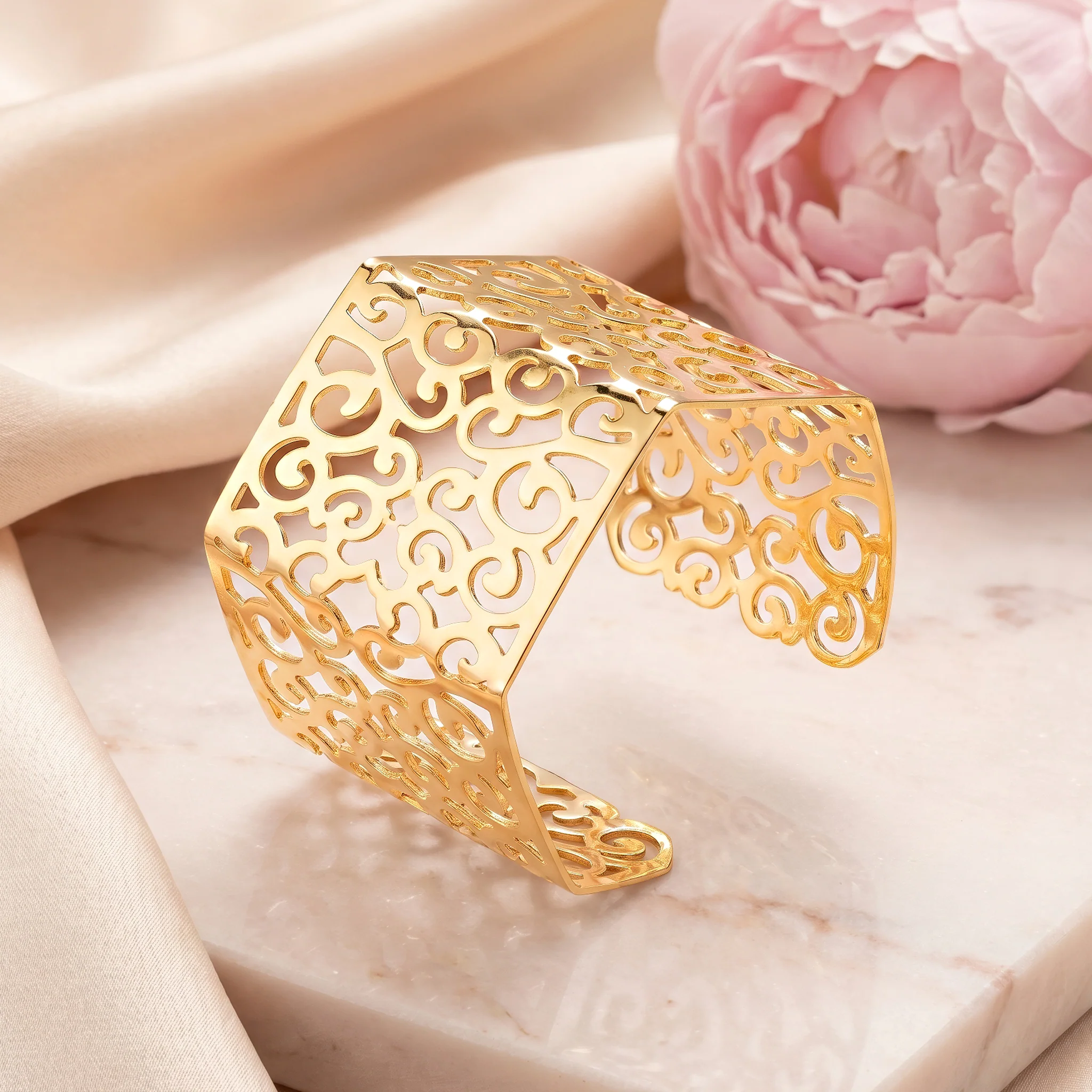 PRAO Bracelet Anti-Tarnish Vintage Scrollwork Wide Cuff (Adjustable Size) - Image 4