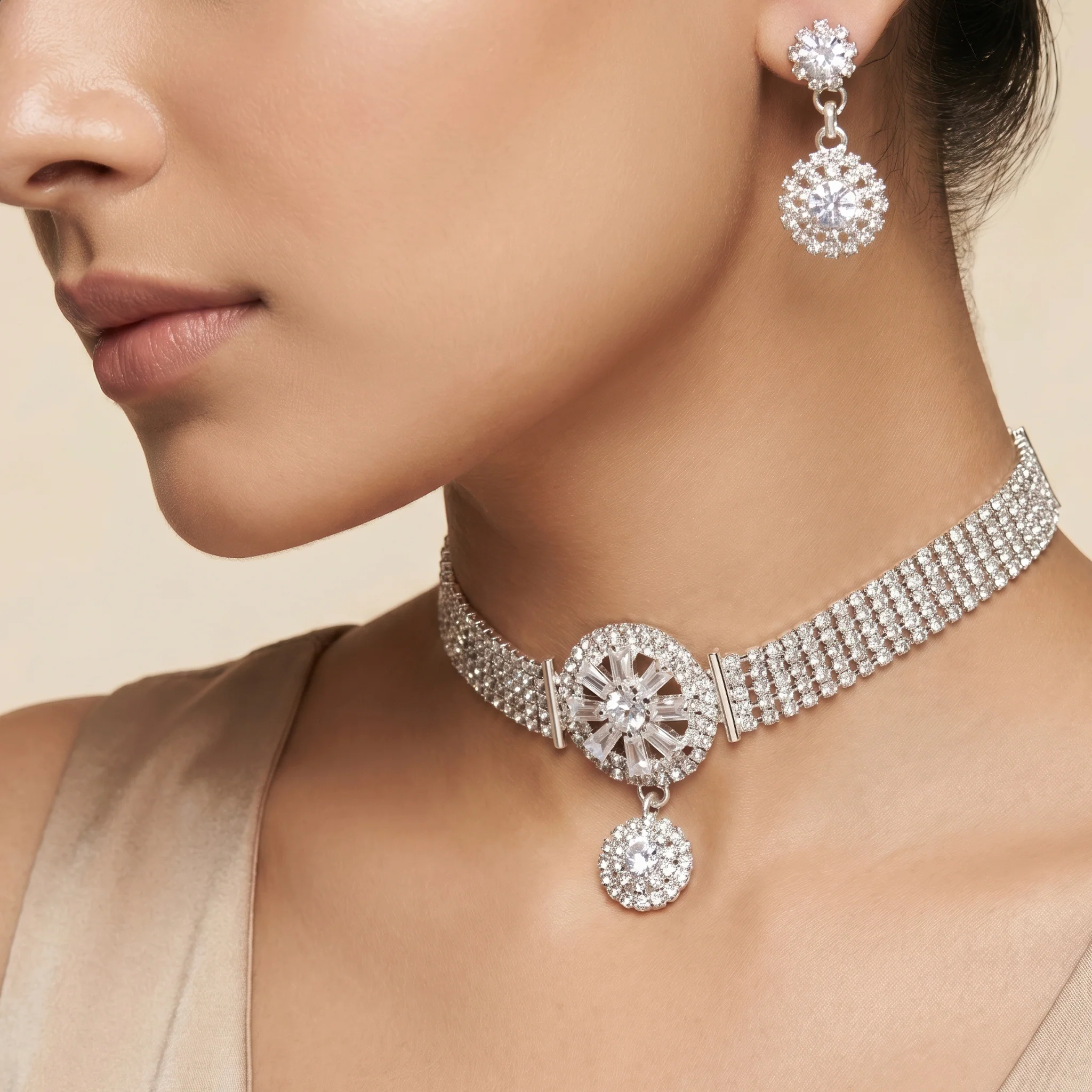PRAO Necklace Anti-Tarnish Multi-Strand Crystal Starburst Choker Set With Earrings