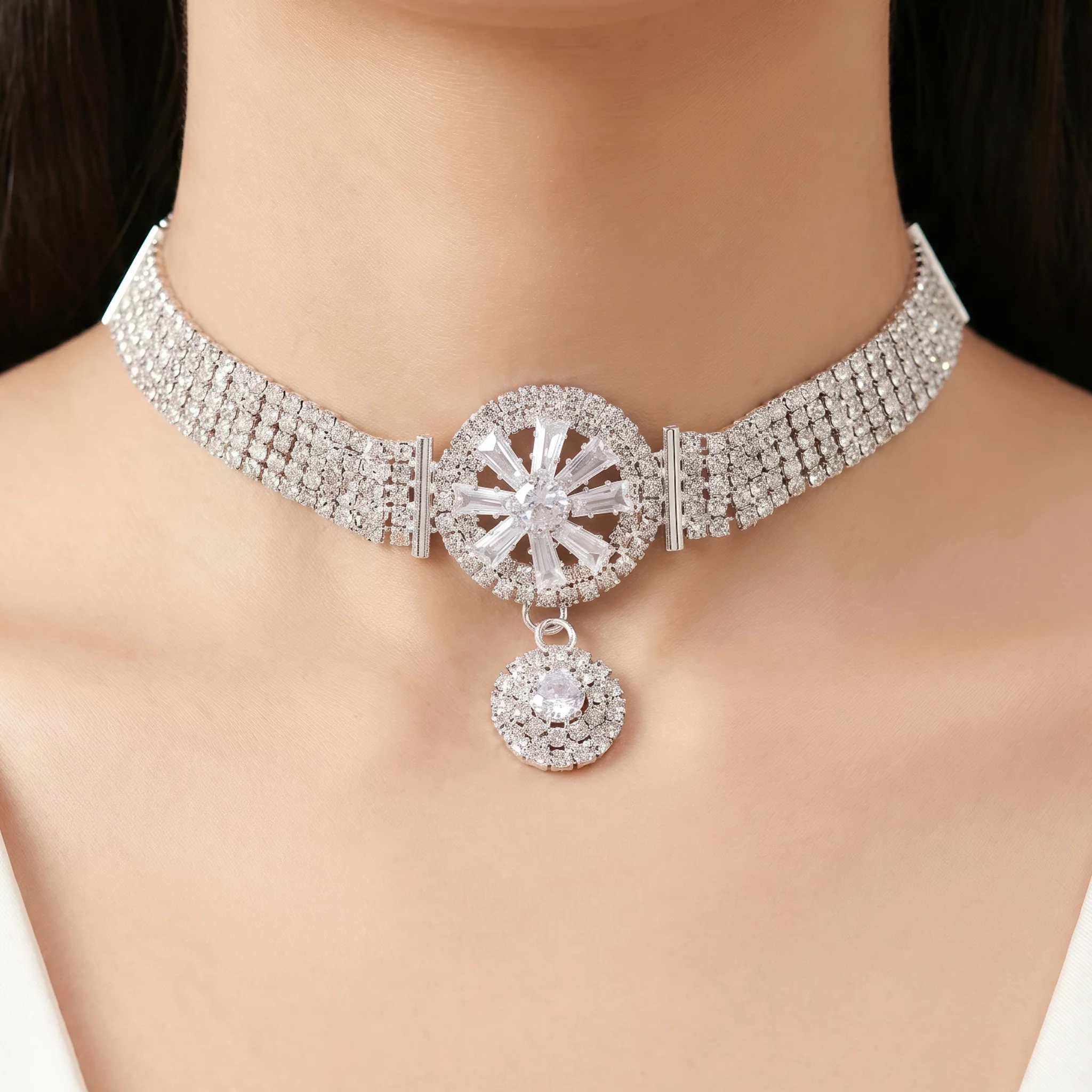 PRAO Necklace Anti-Tarnish Multi-Strand Crystal Starburst Choker Set With Earrings - Image 2