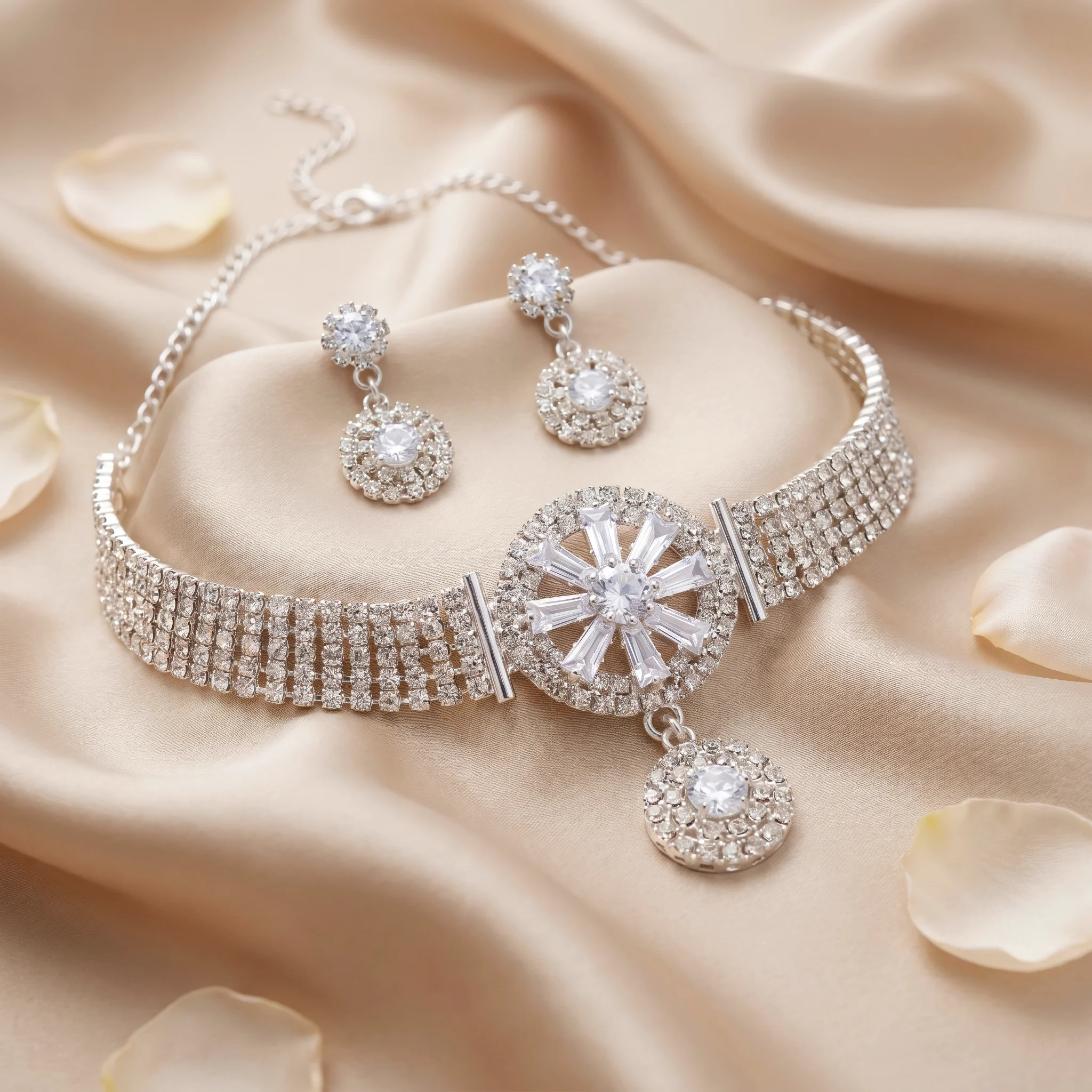 PRAO Necklace Anti-Tarnish Multi-Strand Crystal Starburst Choker Set With Earrings - Image 5
