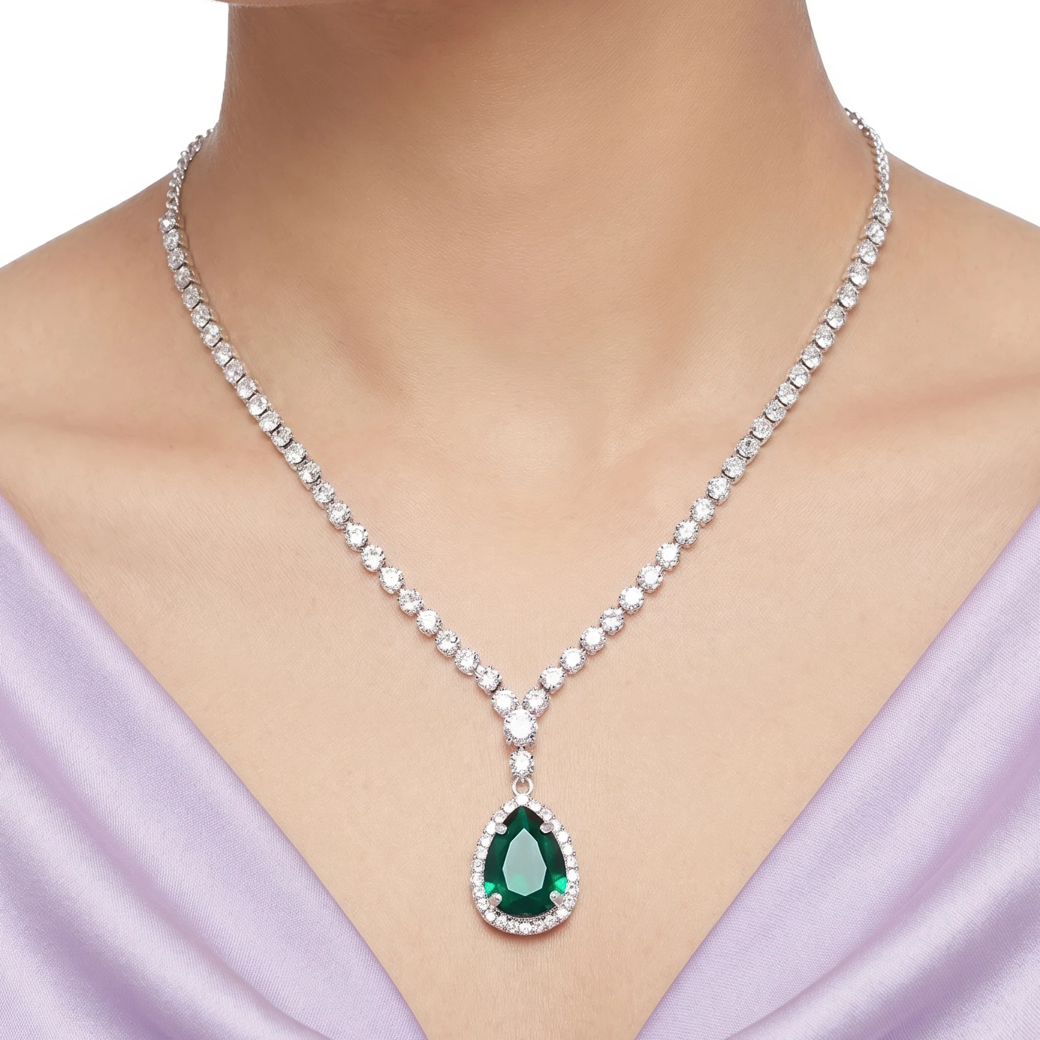 PRAO Necklace Anti-Tarnish Emerald Teardrop Crystal Set With Earrings - Image 2