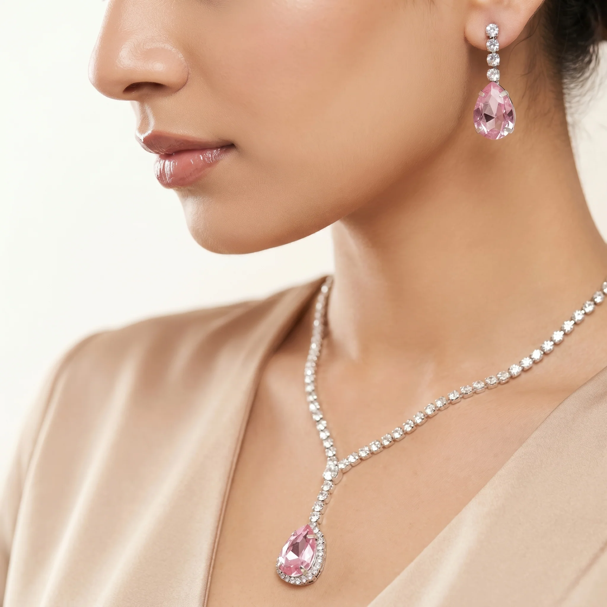PRAO Necklace Anti-Tarnish Vintage Rose Teardrop Crystal Set With Earrings