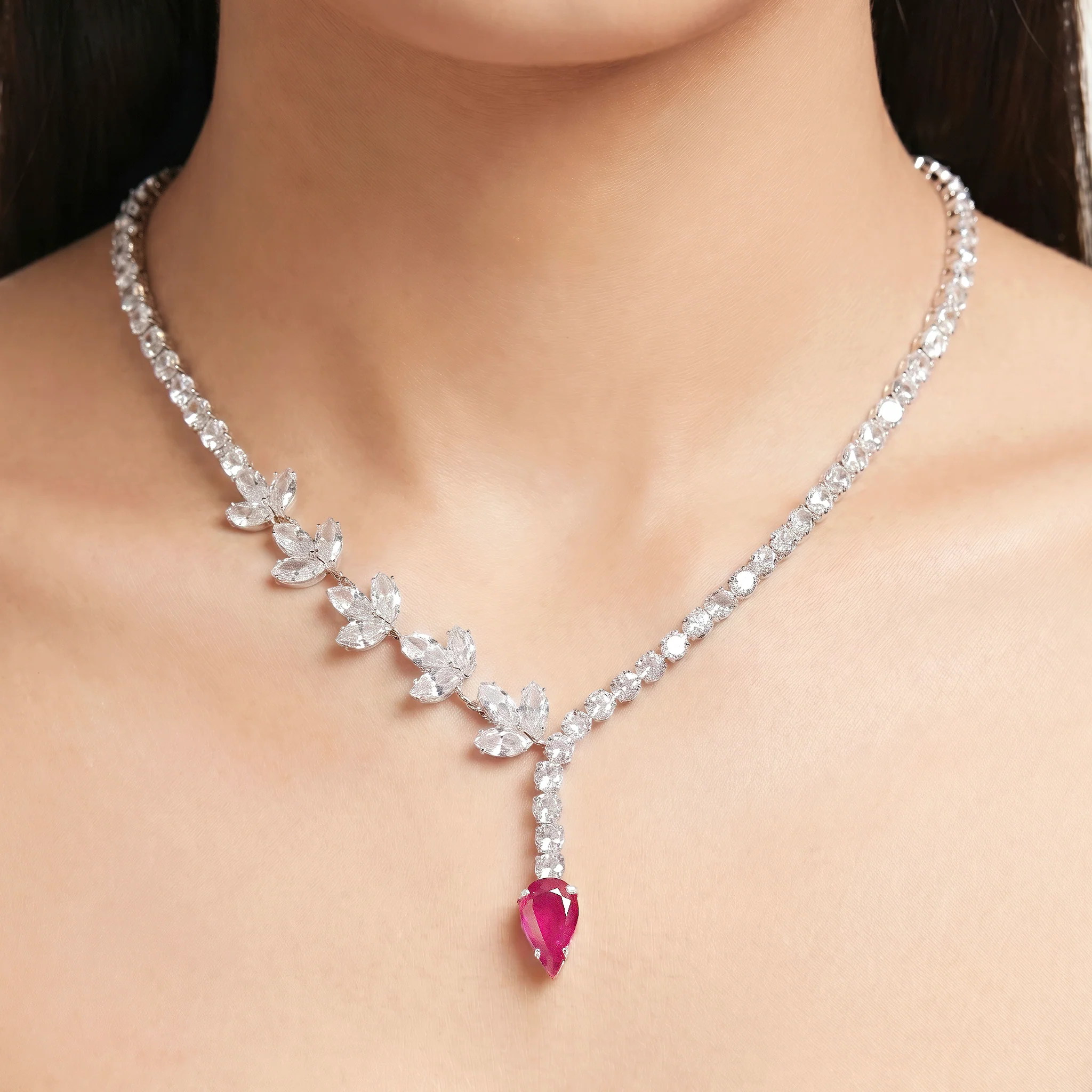 PRAO Necklace Anti-Tarnish Pink Crystal Tennis Y-Set With Earrings - Image 2