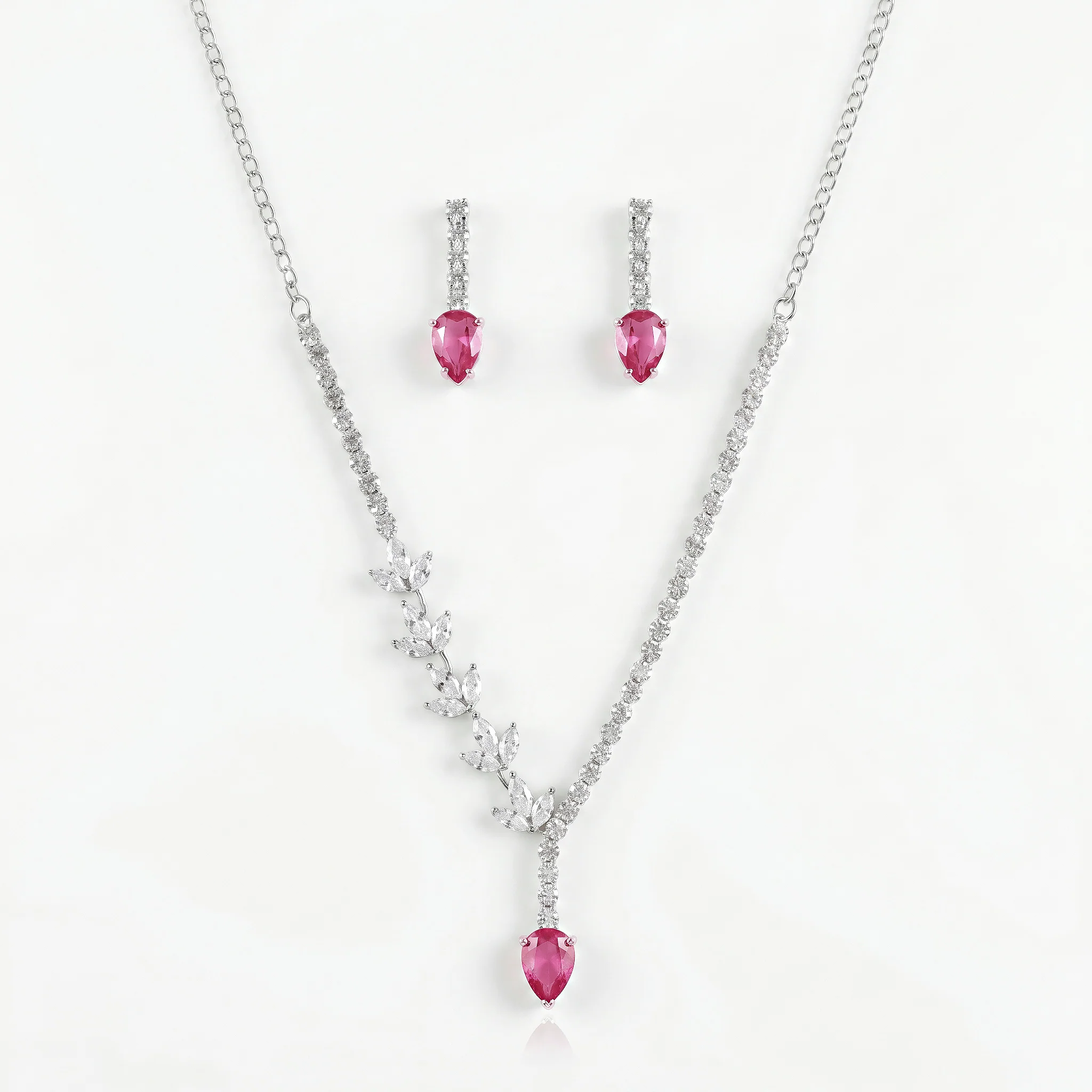 PRAO Necklace Anti-Tarnish Pink Crystal Tennis Y-Set With Earrings - Image 4