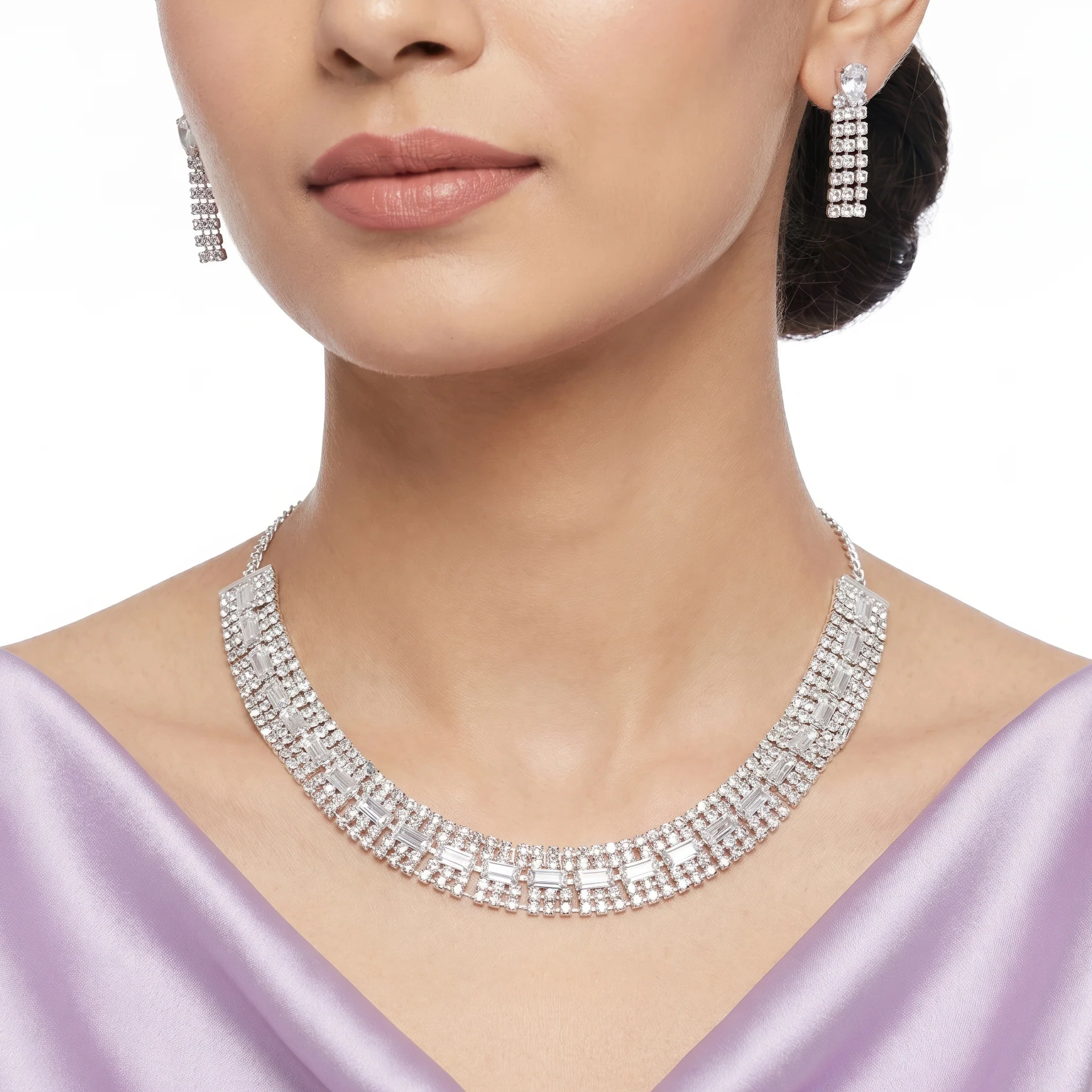 PRAO Necklace Anti-Tarnish Baguette Crystal Multi-Row Choker Set With Earrings