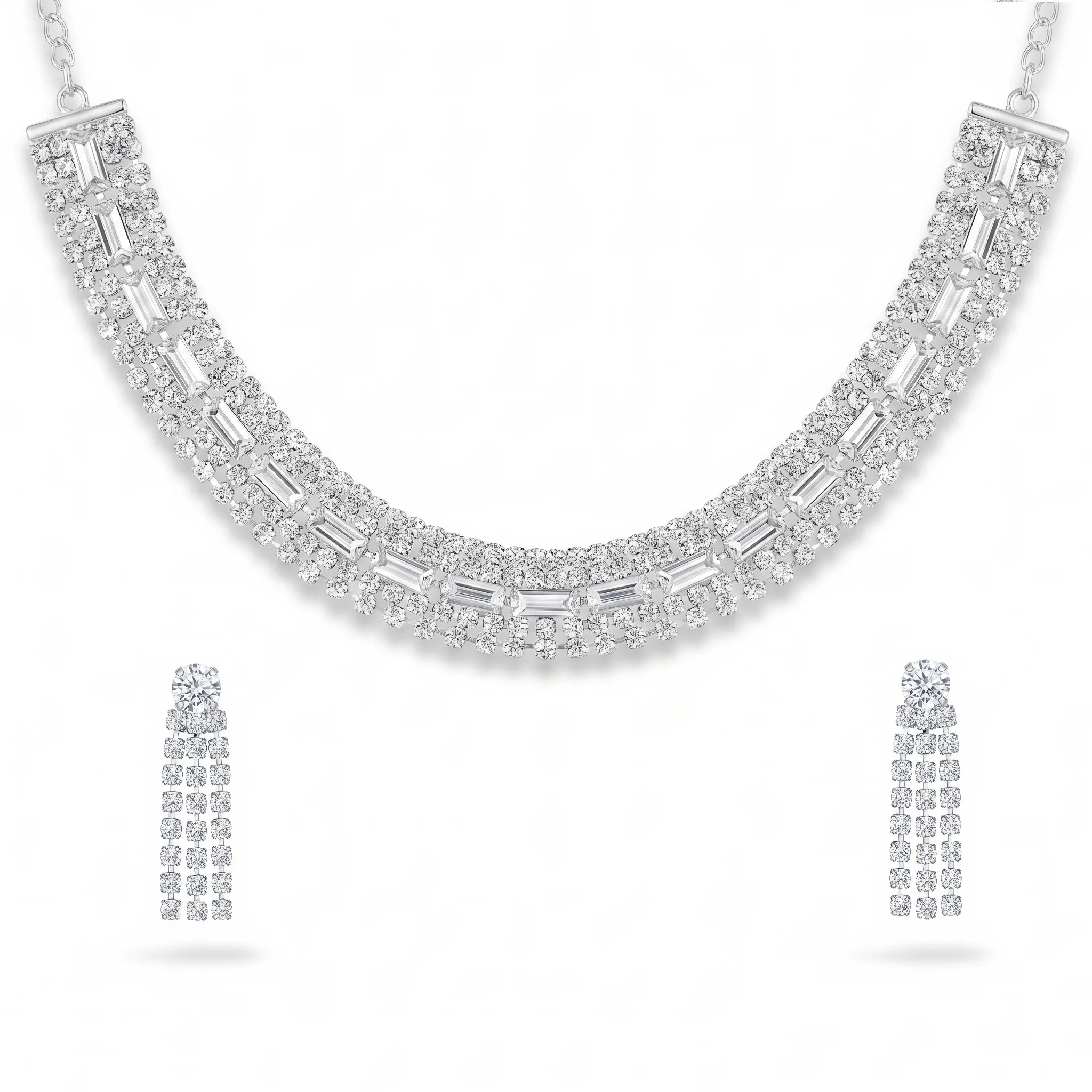 PRAO Necklace Anti-Tarnish Baguette Crystal Multi-Row Choker Set With Earrings - Image 4