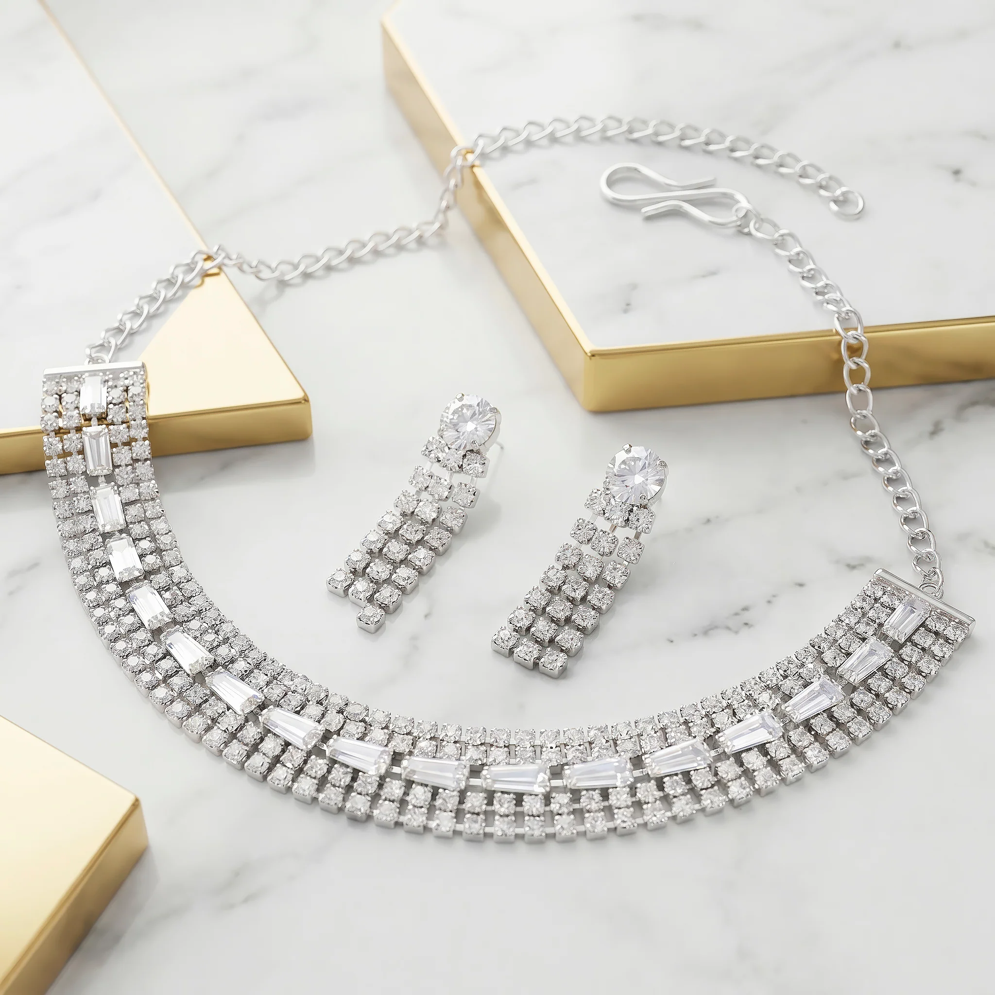 PRAO Necklace Anti-Tarnish Baguette Crystal Multi-Row Choker Set With Earrings - Image 5