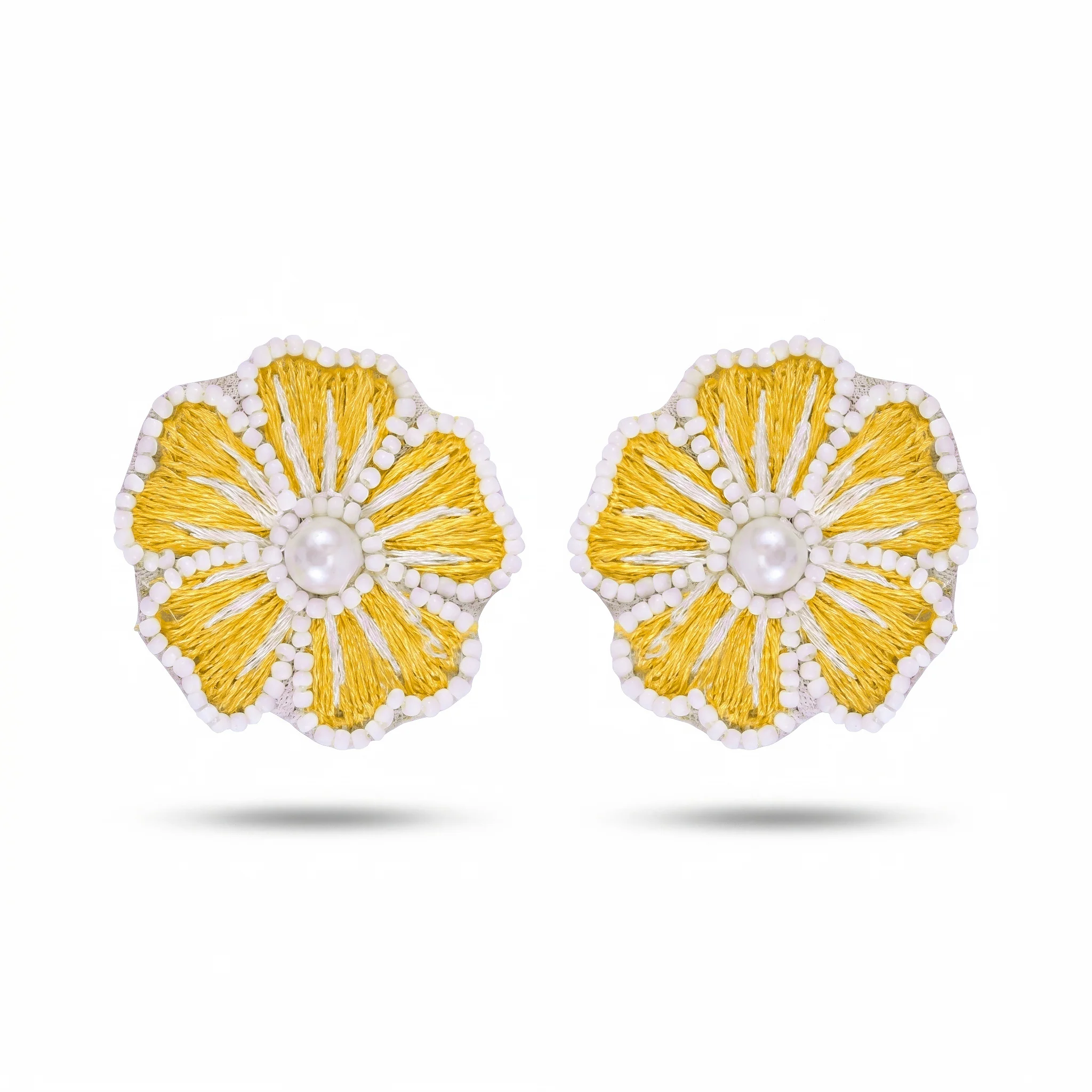 PRAO Earrings Anti-Tarnish Embroidered Yellow Floral - Image 3
