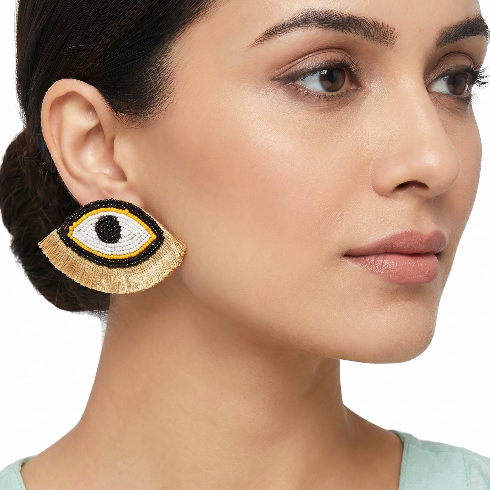 PRAO Earrings Anti-Tarnish Embroidered Yellow Evil Eye Statement - Image 2