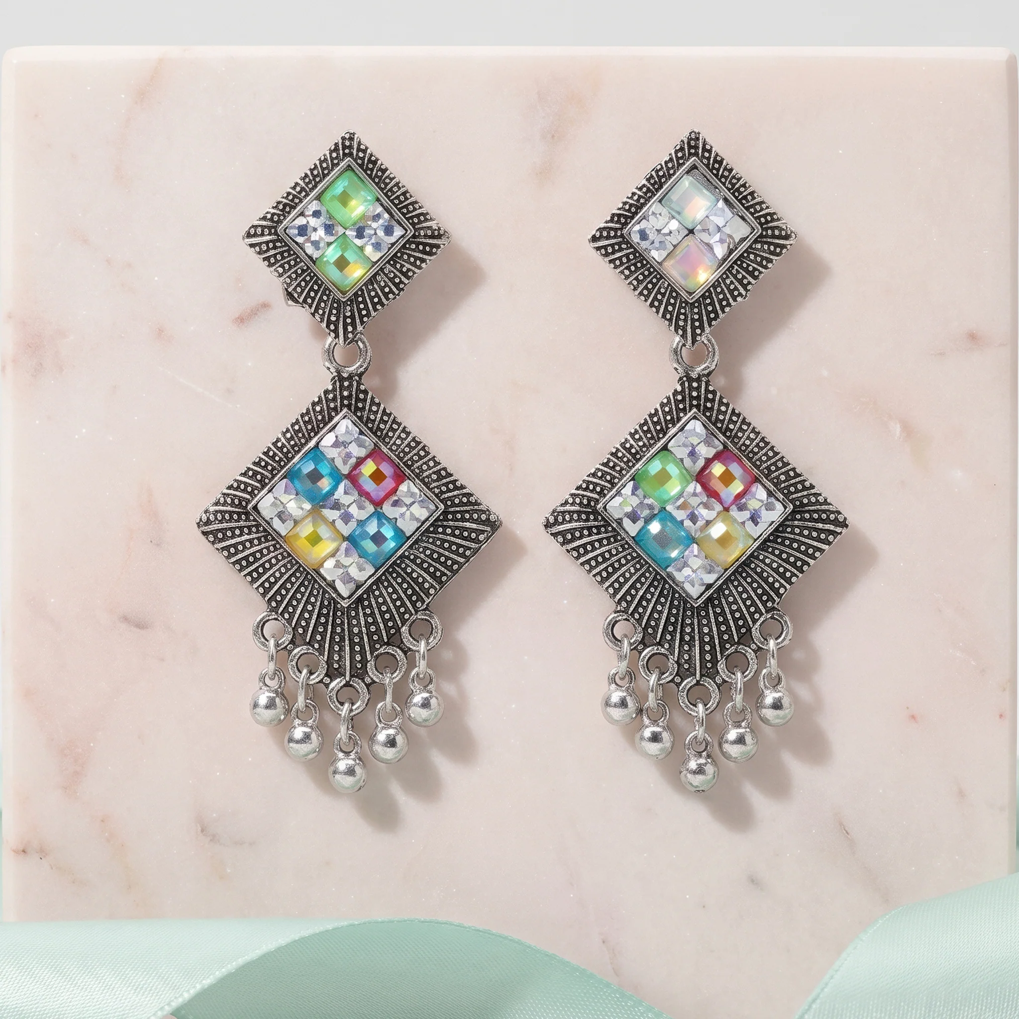 PRAO Earrings Anti-Tarnish Geometric Drop With Metallic Beads - Image 4
