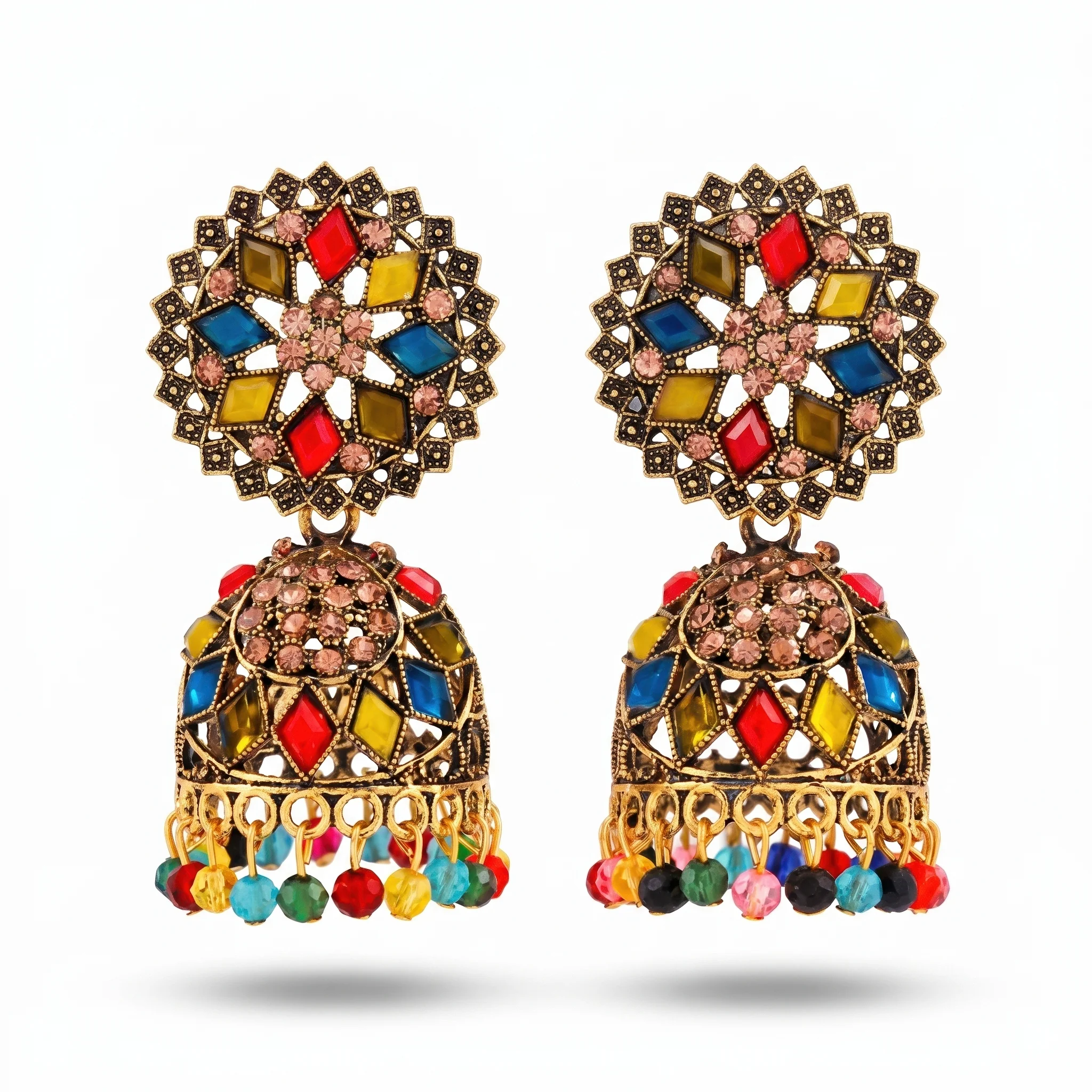 PRAO Earrings Anti-Tarnish Multi-Colored Antique Gold Jhumka - Image 3