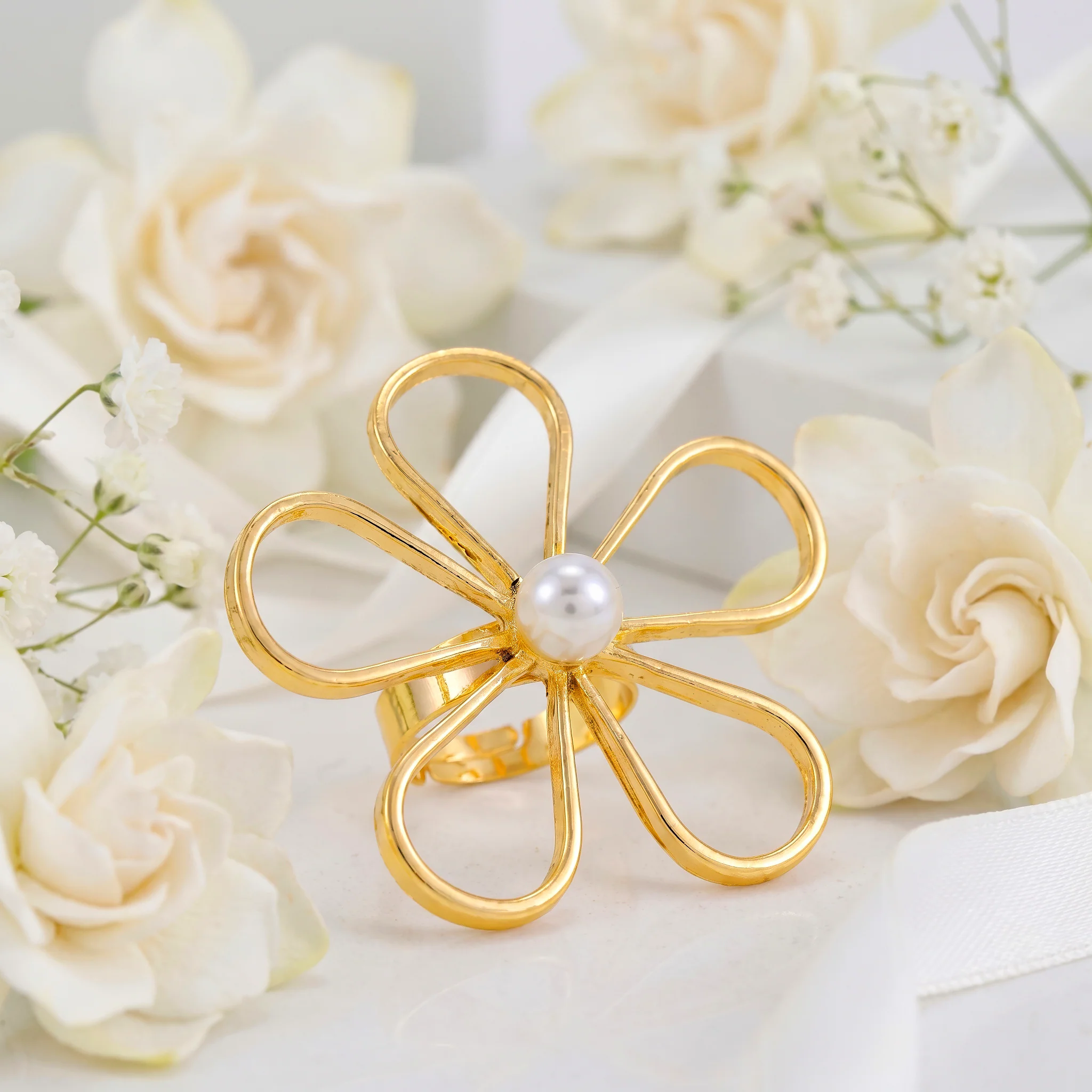 PRAO Ring Anti-Tarnish Wired Flower With Faux Pearl Center (Adjustable Size) - Image 5