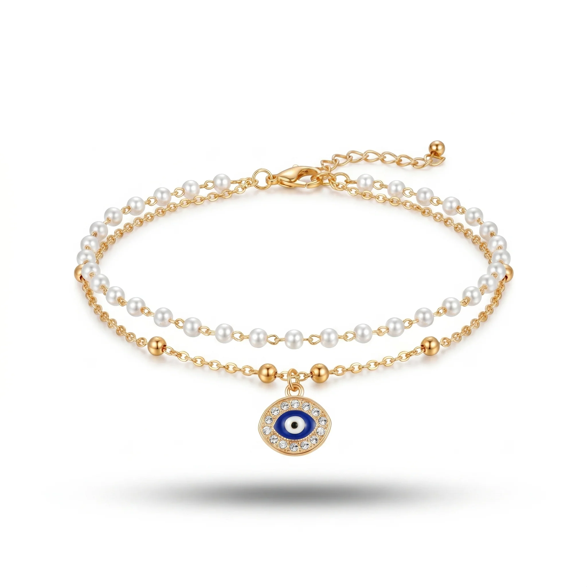 PRAO Anklet Anti-Tarnish Pearl & Crystal Evil Eye Layered - Image 4