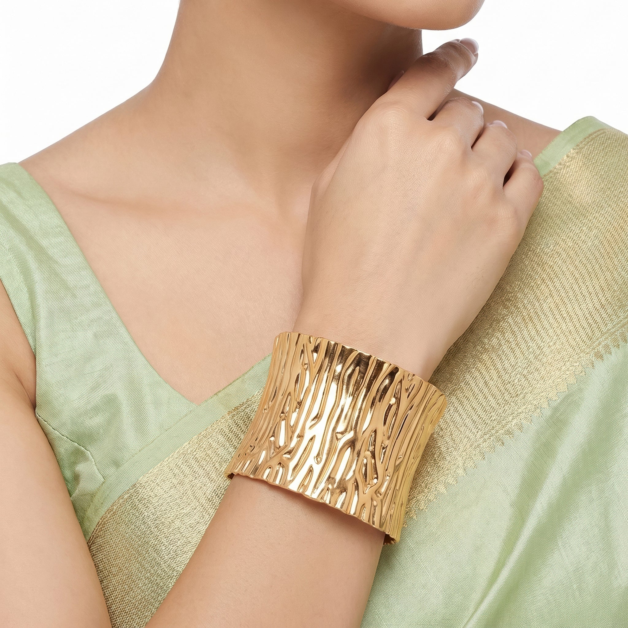 PRAO Bracelet Anti-Tarnish Organic Tree Bark Textured Cuff (Adjustable Size) - Image 4
