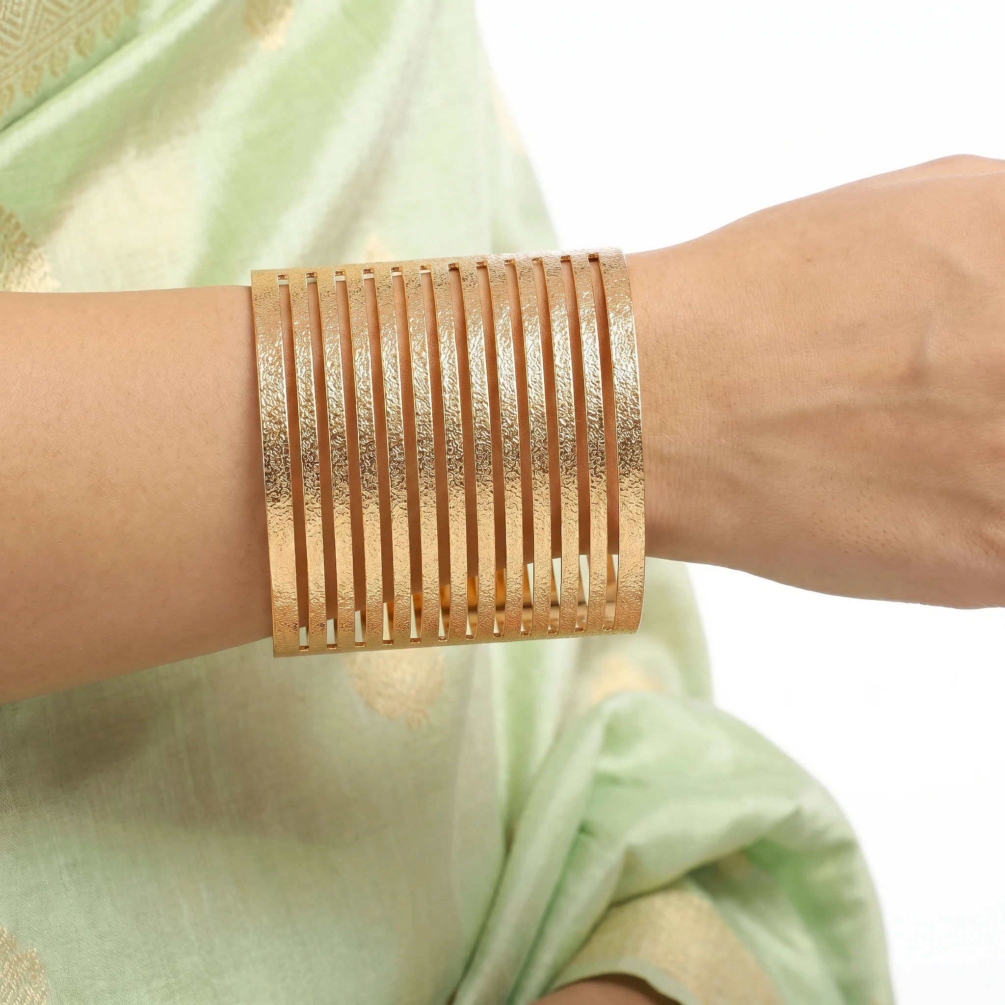 PRAO Bracelet Anti-Tarnish Wide Multi-Slat Textured Cuff (Adjustable Size) - Image 5