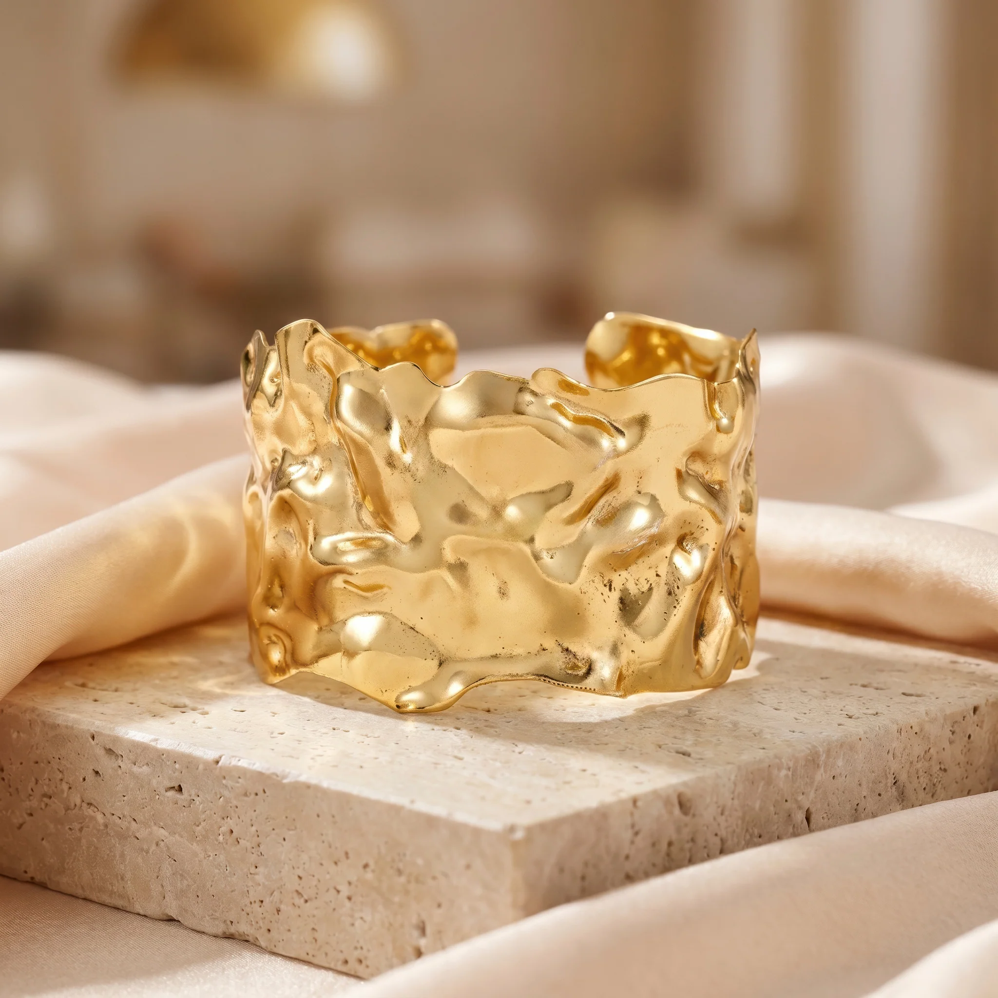 PRAO Bracelet Anti-Tarnish Hammered Textured Broad Cuff (Adjustable Size) - Image 6