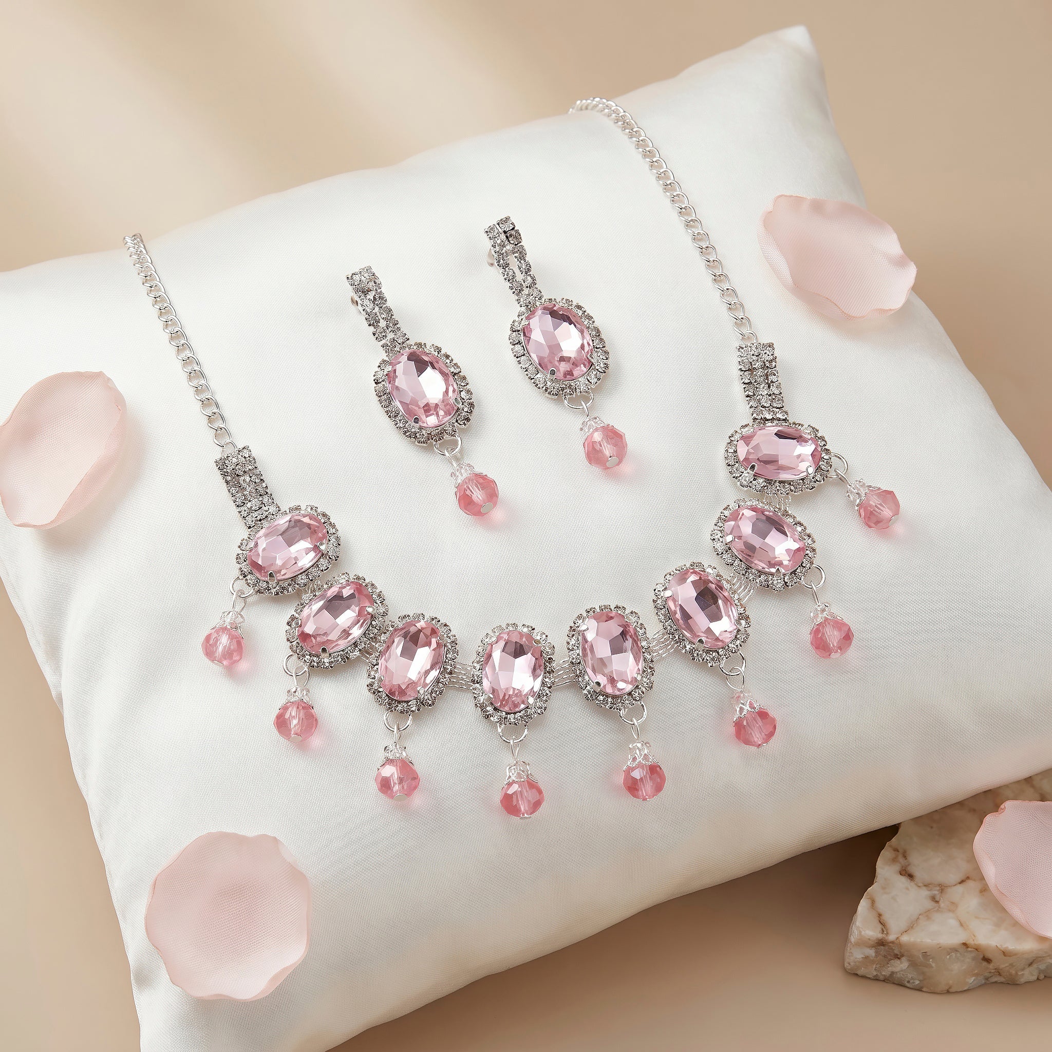 PRAO Necklace Anti-Tarnish Oval Pink Gemstone Set With Earrings - Image 5