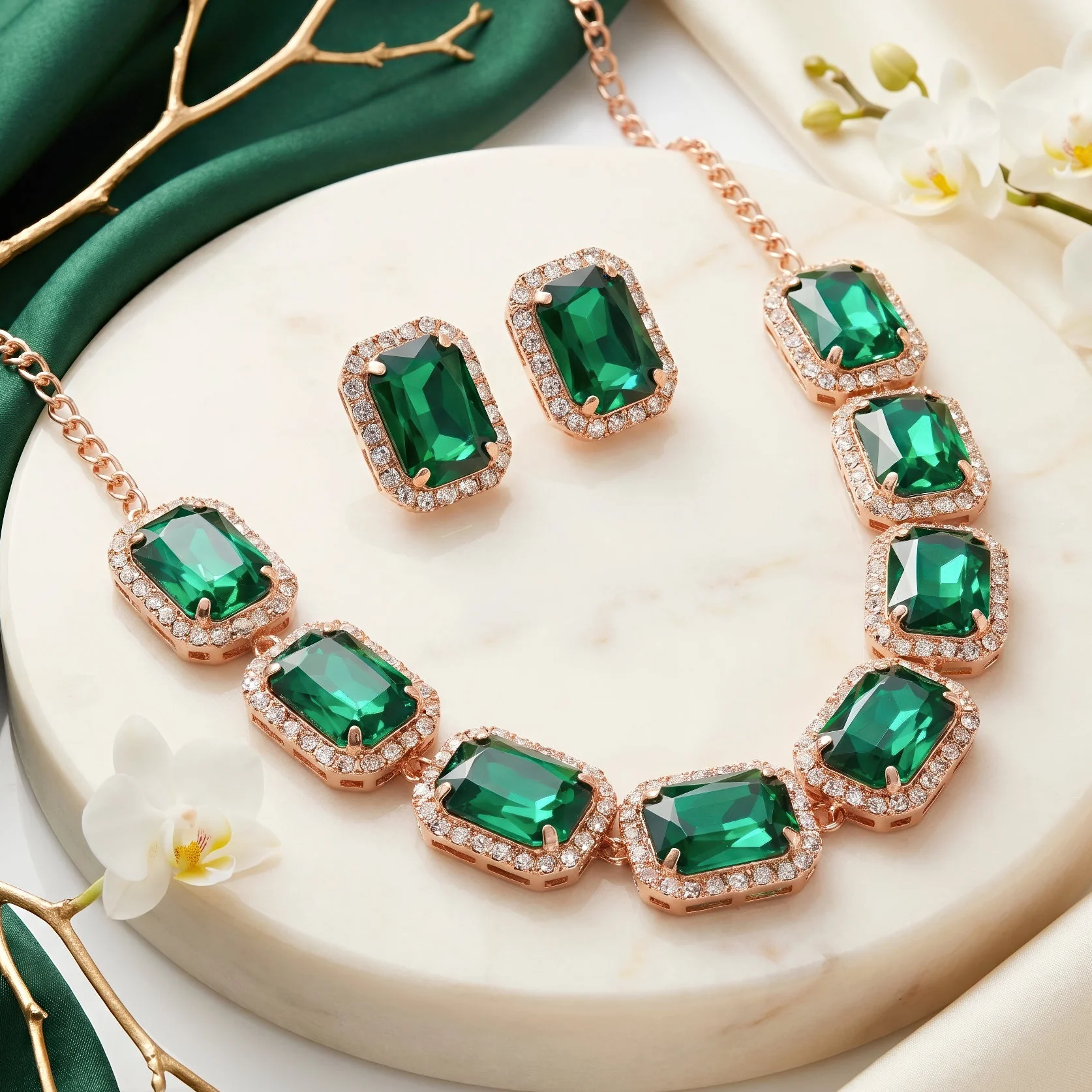 PRAO Necklace Anti-Tarnish Emerald Rectangle Crystal Set With Earrings