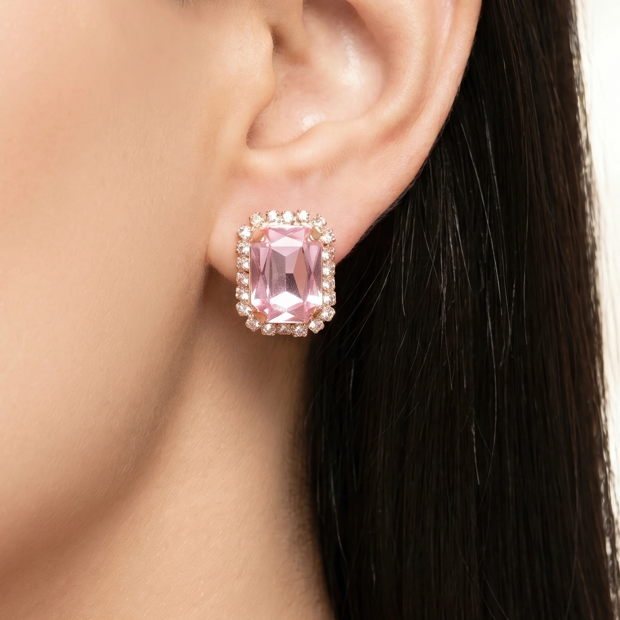 PRAO Necklace Anti-Tarnish Soft Pink Rectangle Crystal Set With Earrings - Image 3